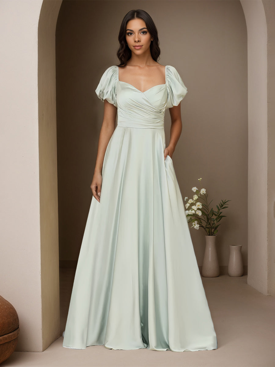 Cicinia Céladon Robe de Soirée Longue en Satin et Mousseline A-Line Longueur Sol Épaules Dénudées Manches Bouffantes