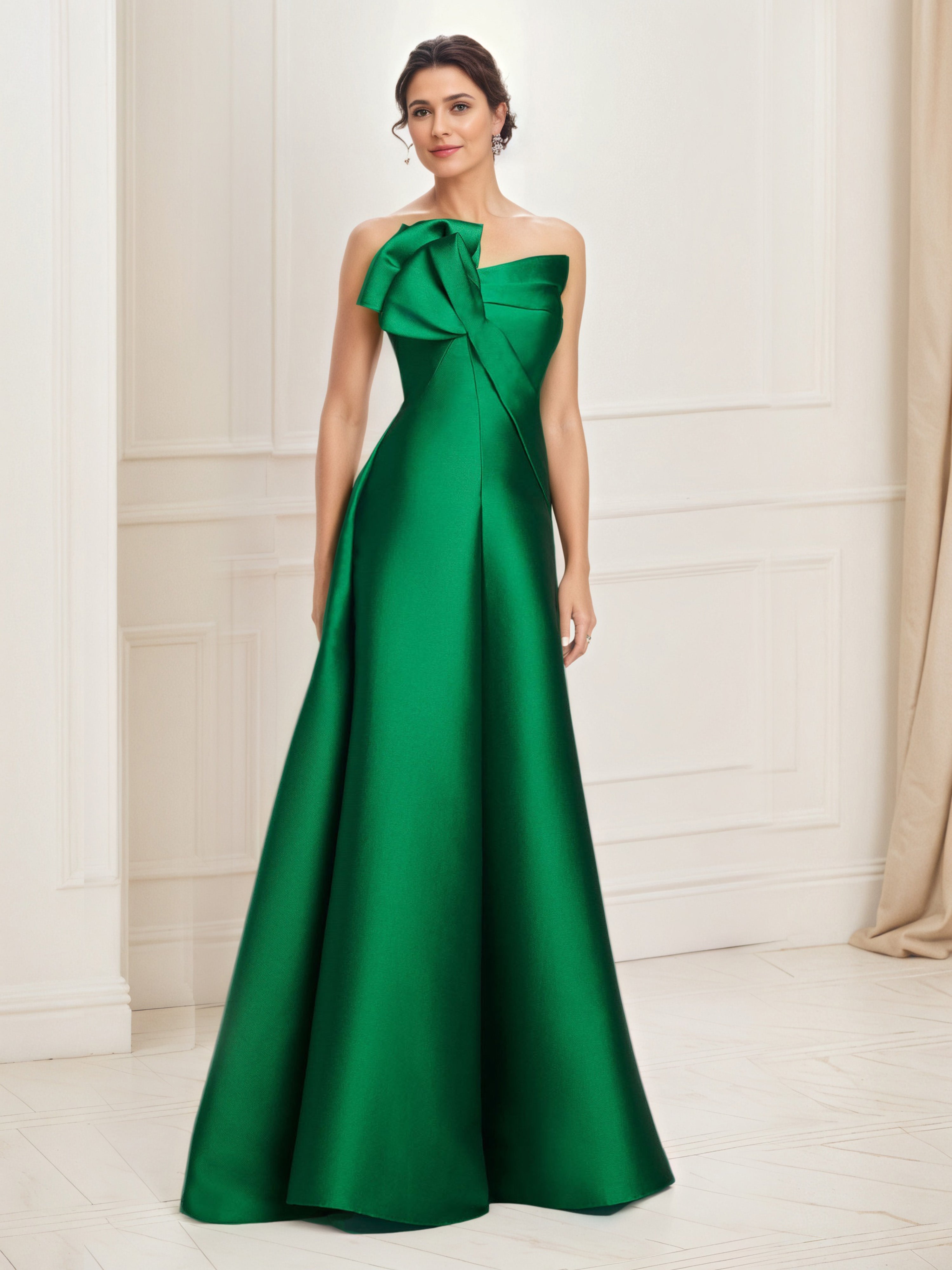 Robe de Bal Longue VERT_FONCE A-Line en Satin Sans Bretelles avec Volants Décoratifs
