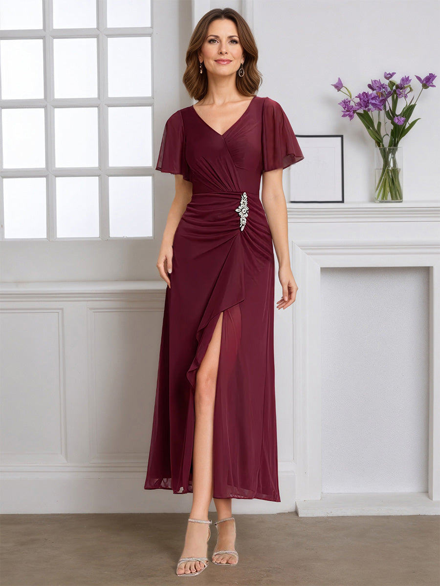 Cicinia Robe pour Mère de la Mariée BORDEAUX Longue A-Line en Mousseline Manches Papillons Décolleté en V