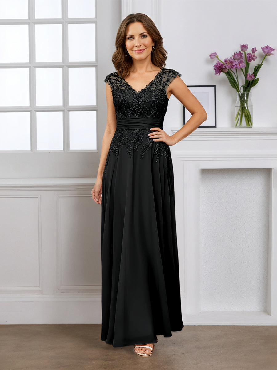 Cicinia Robe pour Mère de la Mariée Noir Longue A-Line en Mousseline Appliqués Dentelle Décolleté en V Longueur Sol