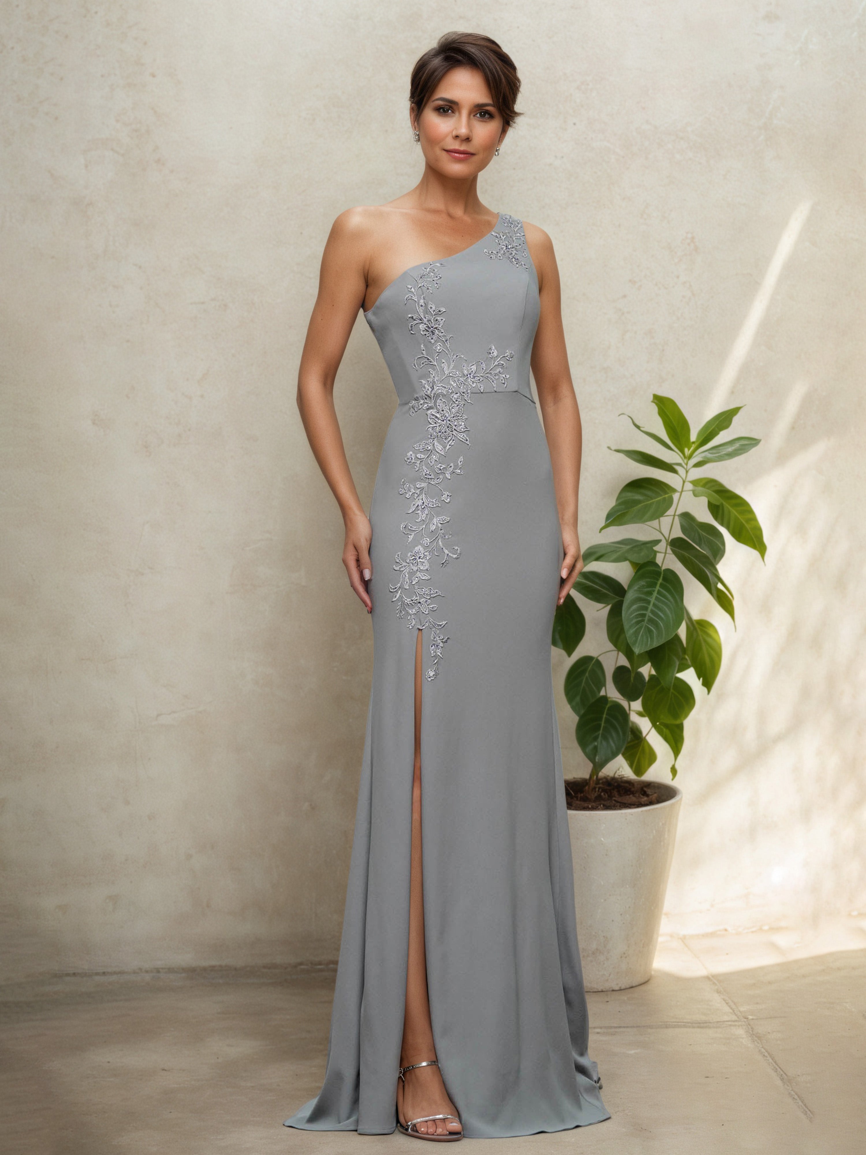Robe Grise Pour Mère De La Mariée En Coupe Sheath À Une Épaule Avec Fente