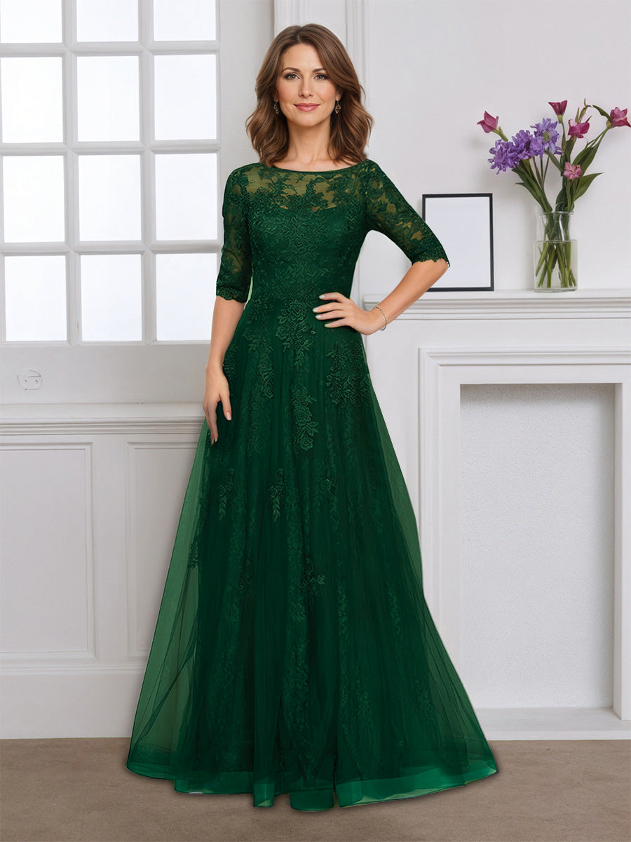 Cicinia Robe pour Mère de la Mariée VERT FONCE Longue en Tulle Appliqués Dentelle Manches Demi-longues Longueur Sol