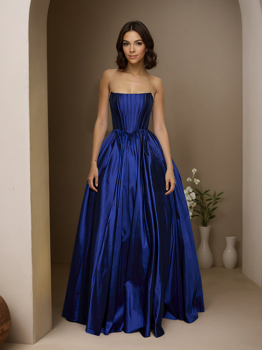 Cicinia Bleu Royal Robe de Soirée avec Poches Longue en Taffetas A-Line sans Bretelles Longueur Sol