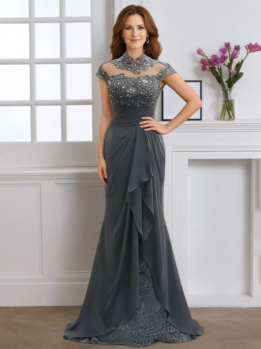 Cicinia Gris Acier Robe pour Mère de la Mariée Longue Fourreau en Mousseline Dentelle Col Haut Perlé