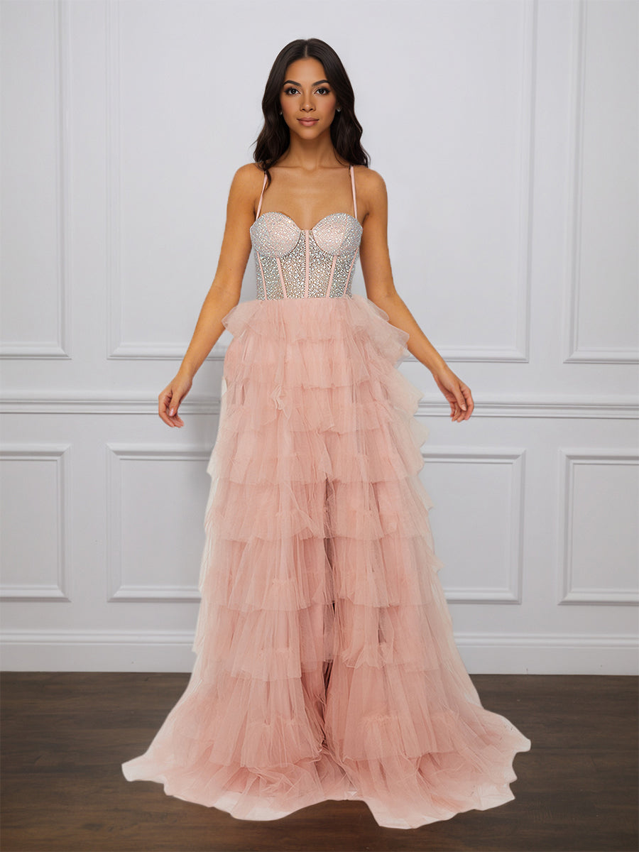 Cicinia Rose Perlé Robe de Soirée Longue en Tulle A-Line Bretelles Spaghetti Fente à Volants