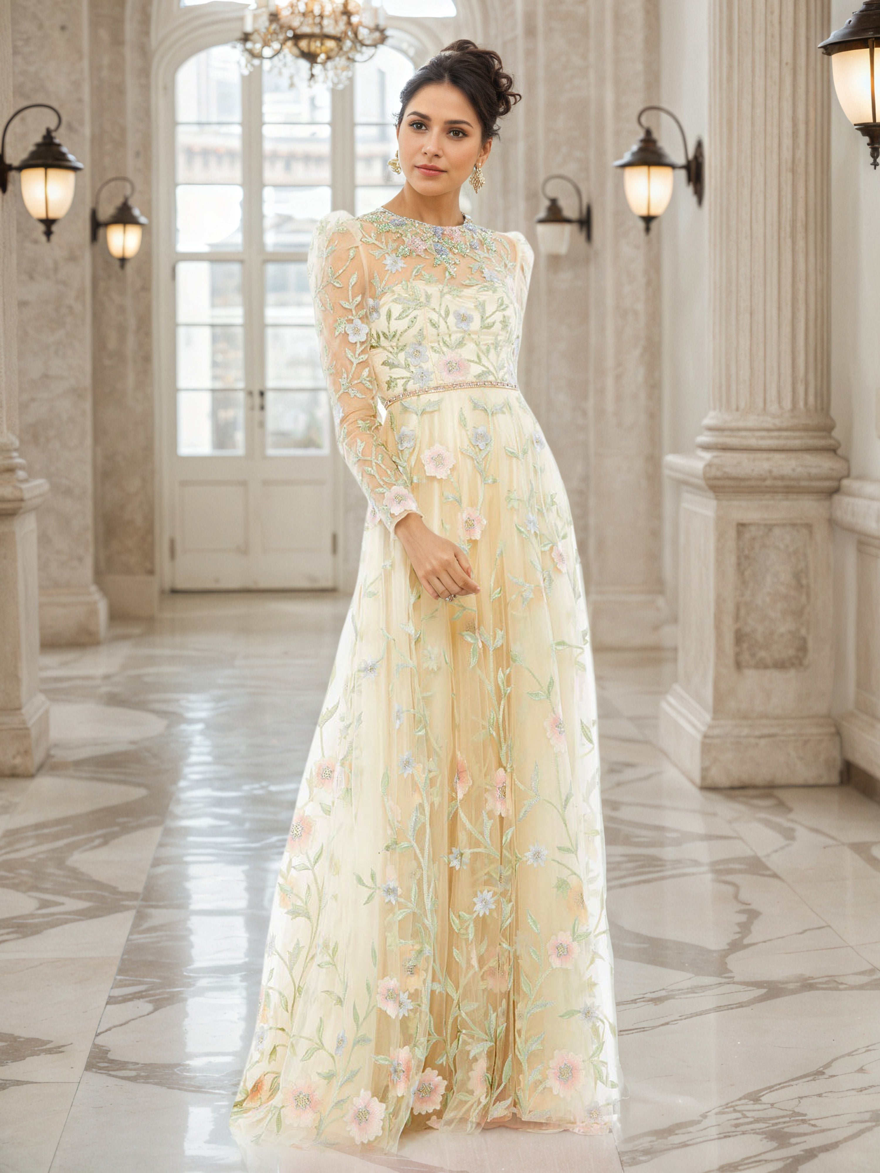 Robe de Soiréeà JONQUILLE Manches Longues en Dentelle Florale Robe Trapèze