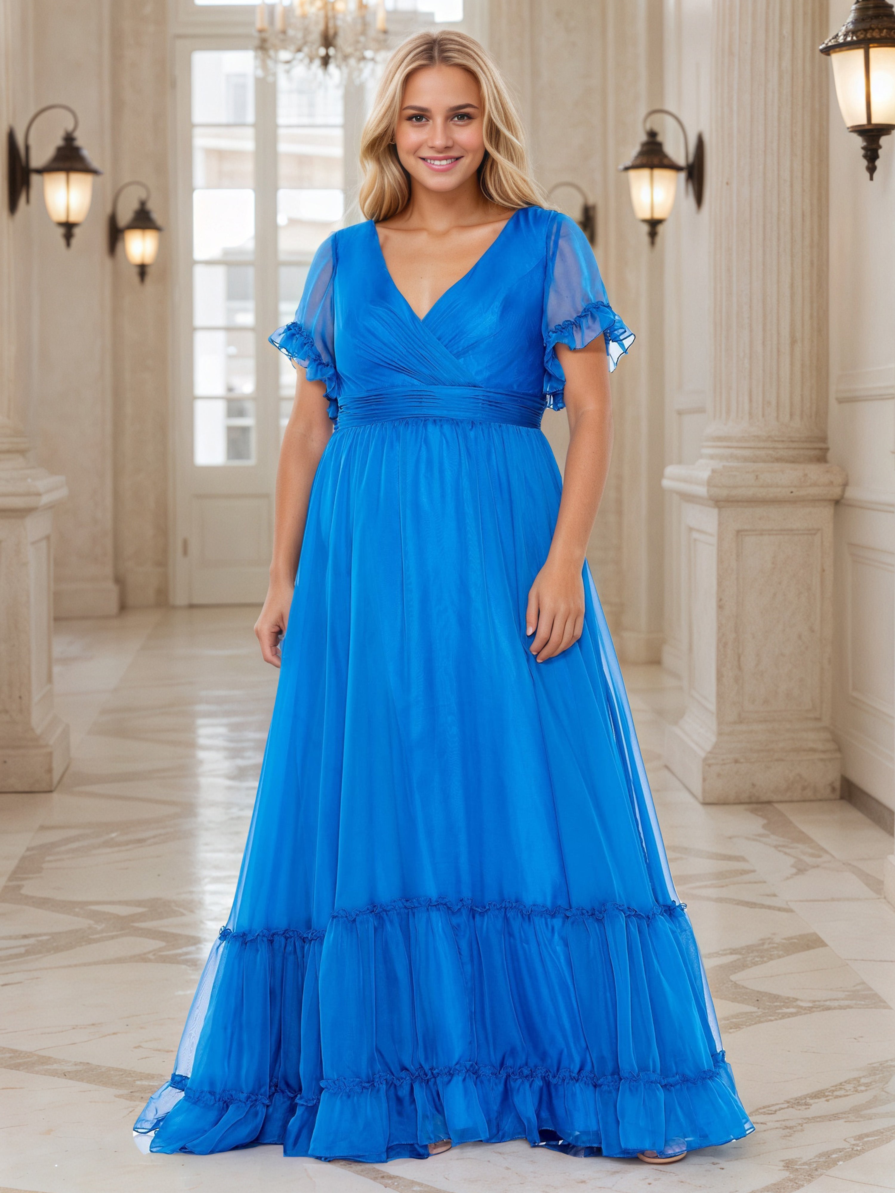 Robe de Bal Bleu Océan à Encolure V Grande Taille Coupe A-Line à Manches Courtes Longueur Sol