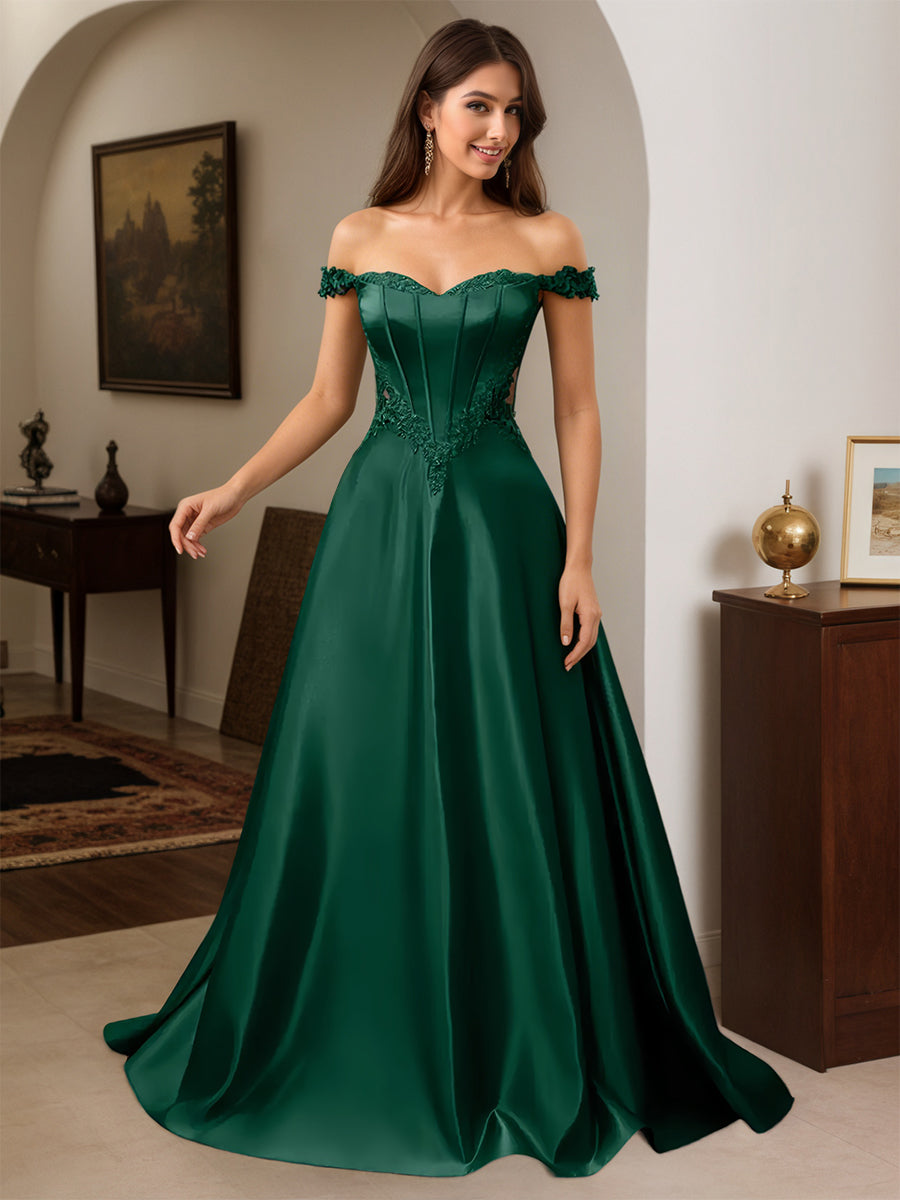 Cicinia Robe de Soirée VERT FONCE Longue A-Line Appliqués Dentelle Épaules Dénudées