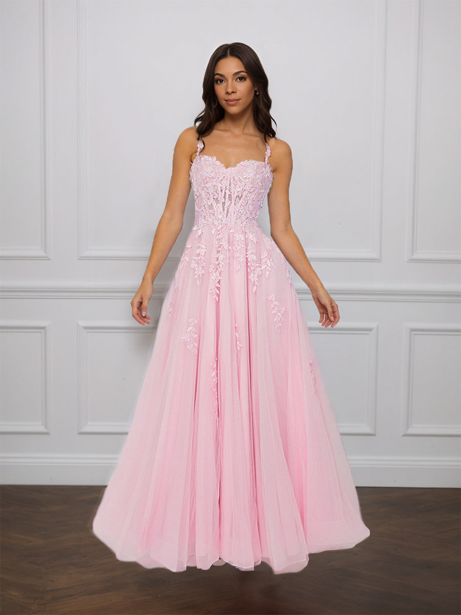 Cicinia Rose Perlé Robe de Soirée Longue en Tulle Appliqués Dentelle A-Line Longueur Sol