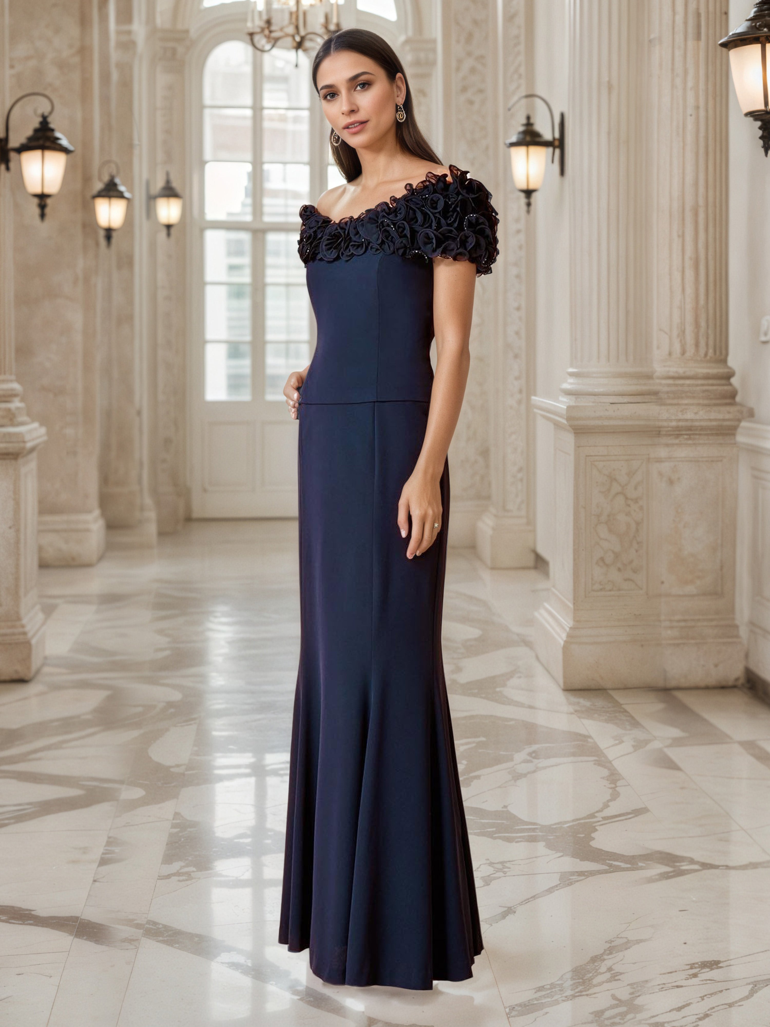 Robe de Soirée BLEU_MARINE Epaules Dénudées Robe Trompette/Sirène