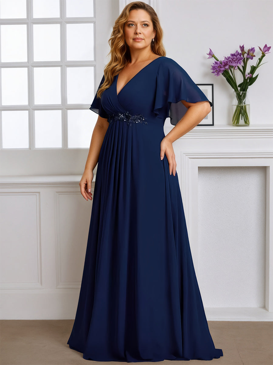 Cicinia Bleu Marine Robe pour Mère de la Mariée Longue A-Line en Mousseline Décolleté en V Grande Taille