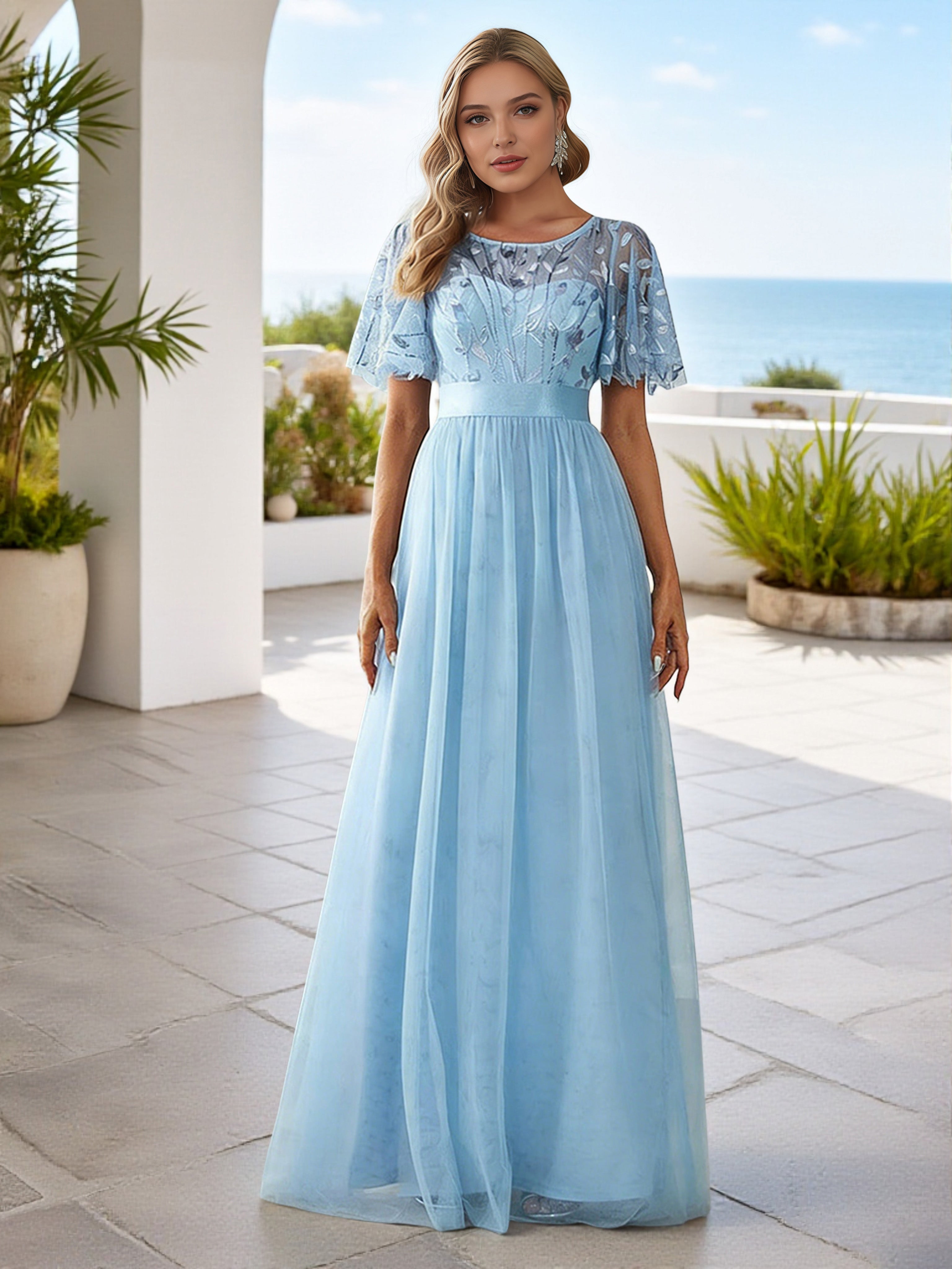 Cicinia Robe Demoiselle d’Honneur Bleu Ciel A-Line Manches Courtes Brodée Longueur Sol