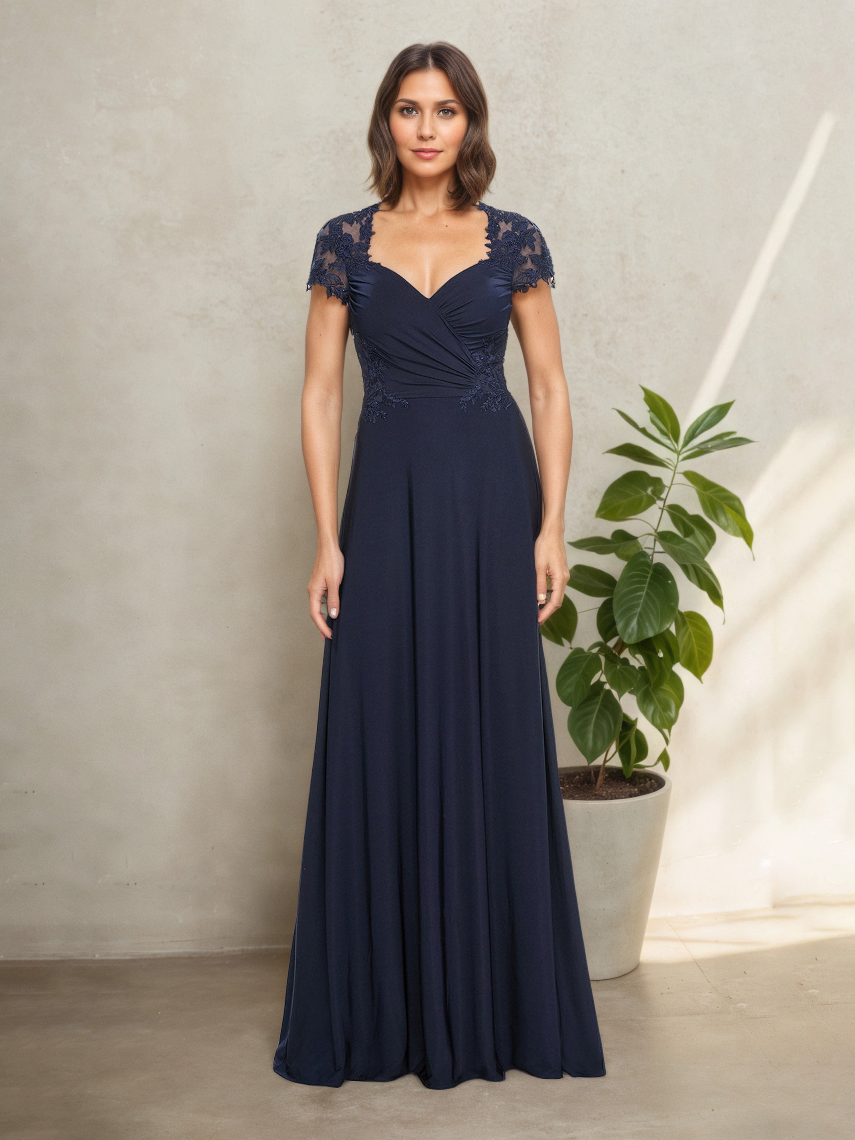 Robe Mère de la Mariée Longue à Encolure Carrée Manches Ballon avec Plissés Sophistiqués