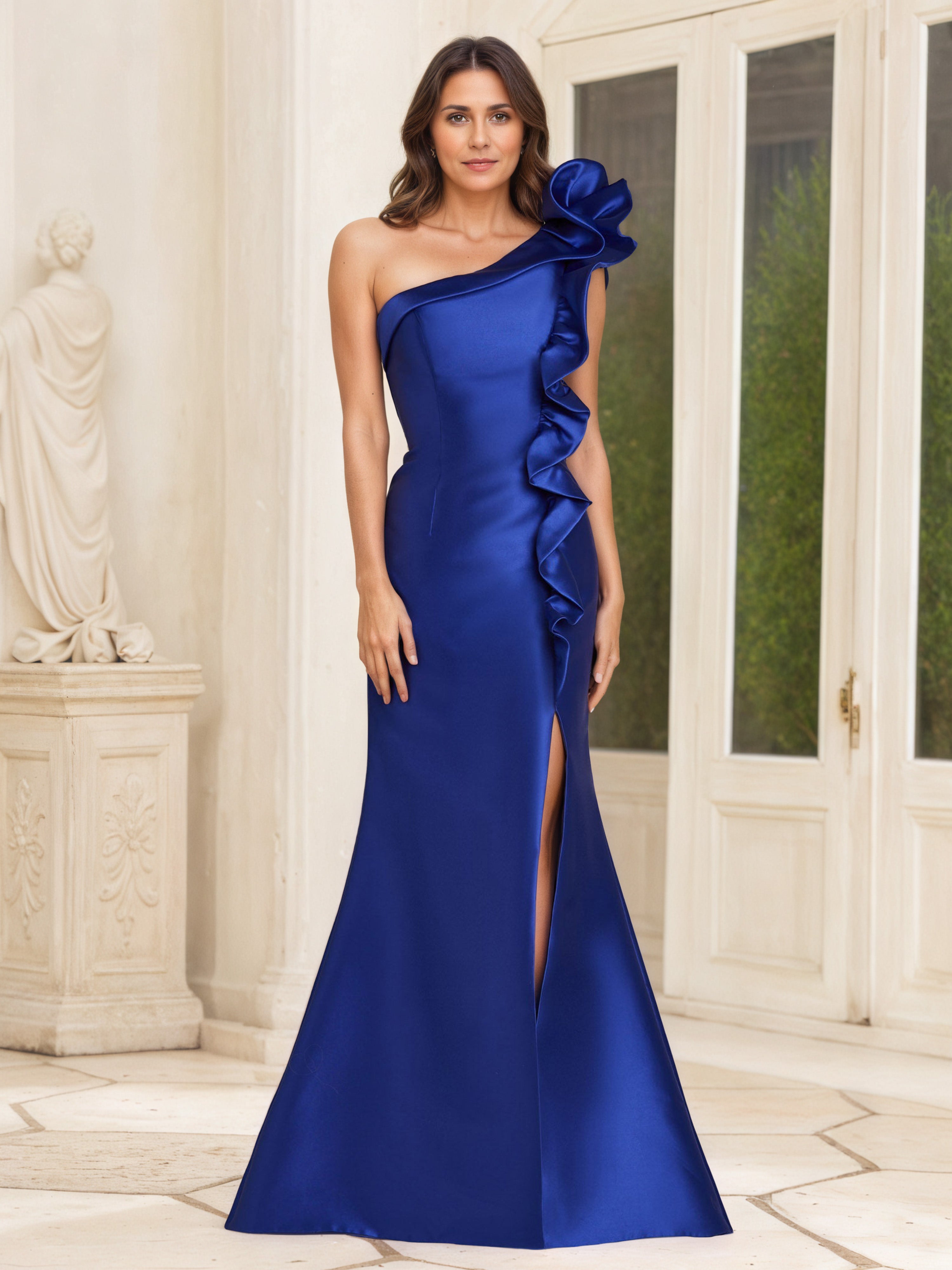 Robe Mère de la Mariée Bleu Royal à Une Épaule avec Volants et Fente Latérale