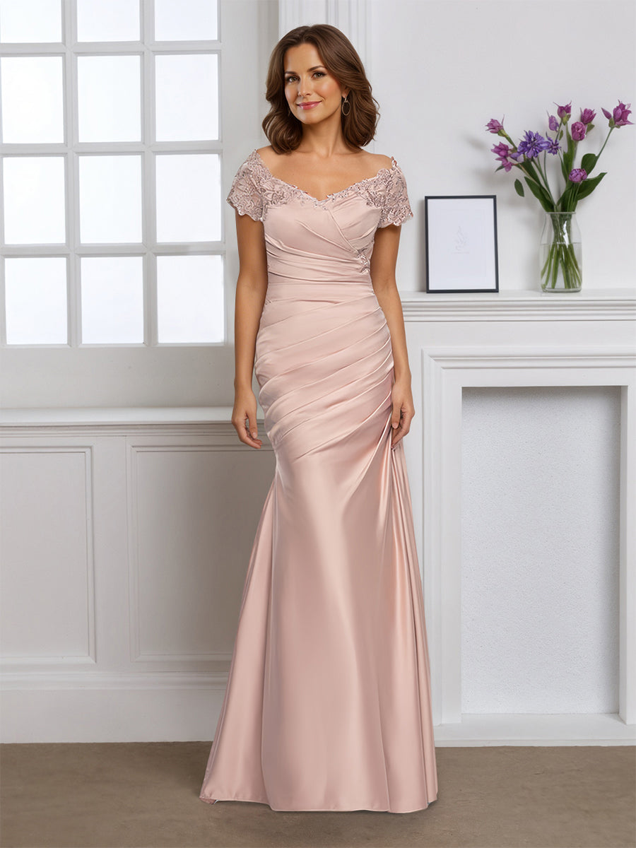 Cicinia Rose Perlé Robe pour Mère de la Mariée Longue en Satin Doux Fourreau Manches Capelines
