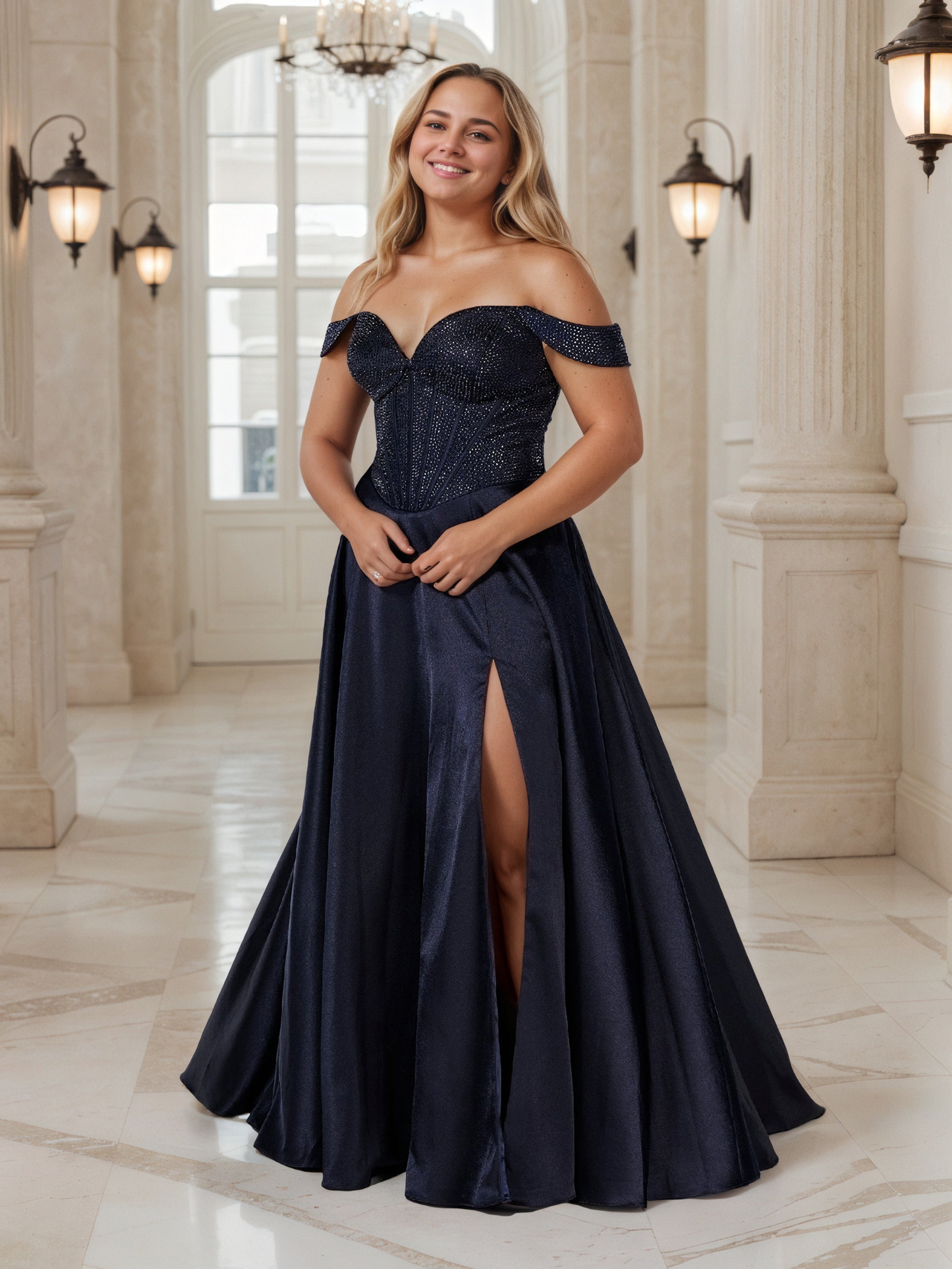 Robe de Bal Bleu Marine à Épaules Dénudées Grande Taille Coupe A-Line avec Traîne Balayage et Broderies
