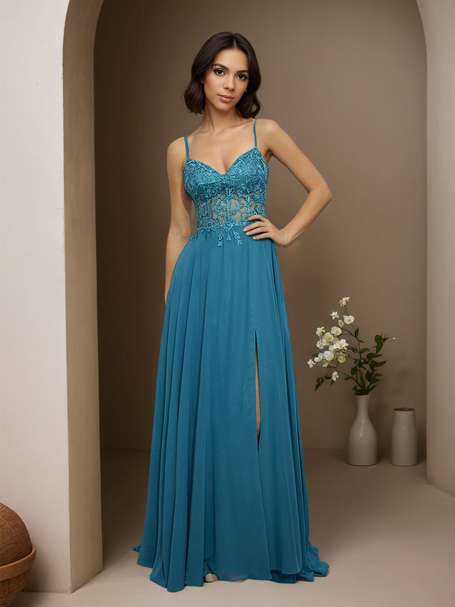 Cicinia BLEU ENCRE Robe de Soirée Longue en Mousseline Appliqués Dentelle A-Line Traîne Balayée
