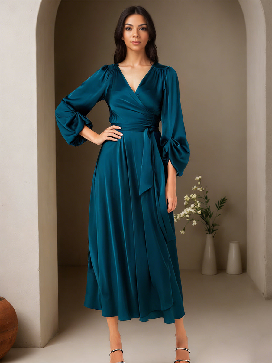 Cicinia Paon Robe de Soirée Longue en Satin et Mousseline A-Line Longueur Midi (Thé) Décolleté en V