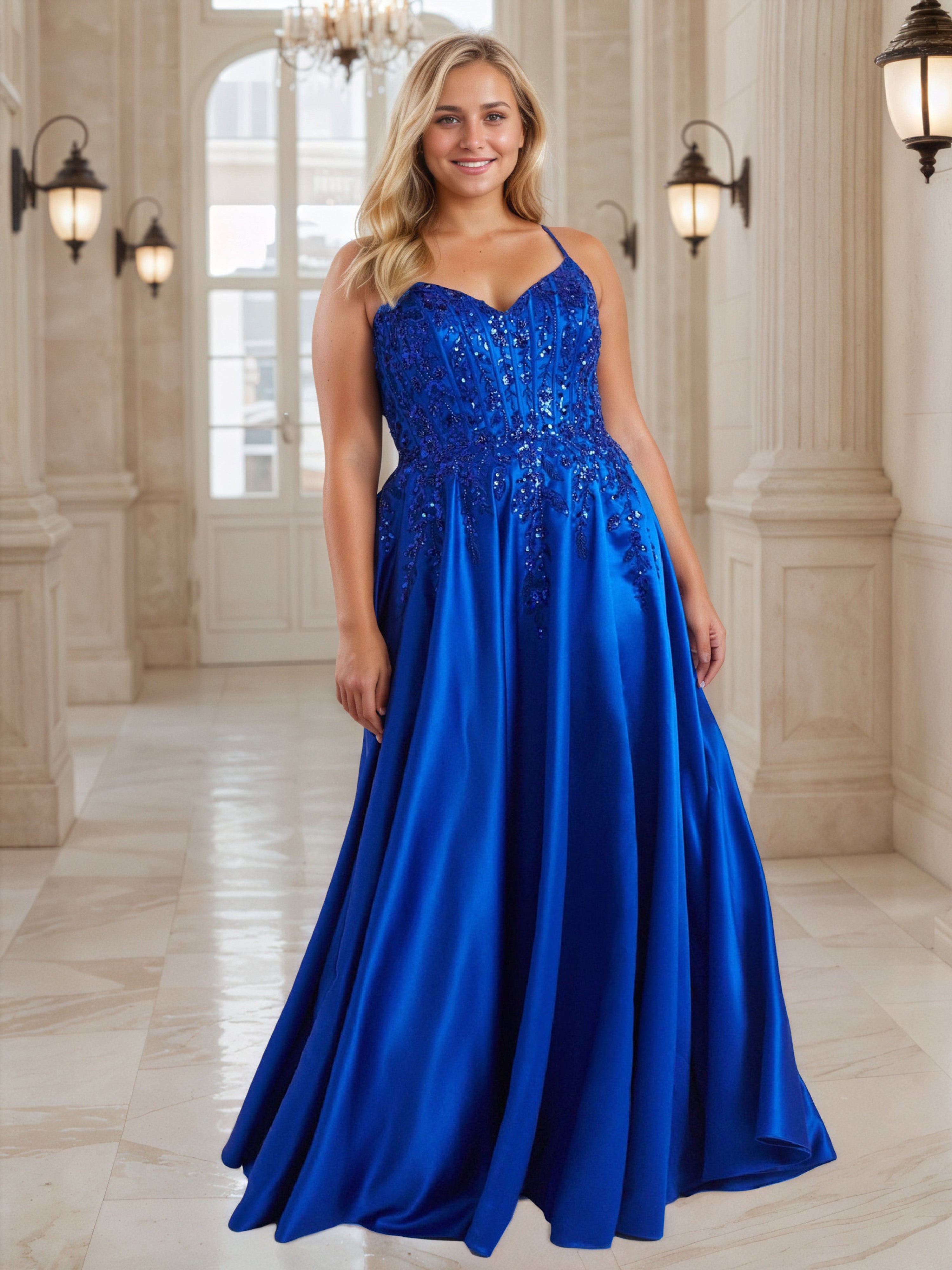 Robe de Bal à Traîne Balayage avec Bretelles Spaghetti et Lacets Grande Taille Sans Manches