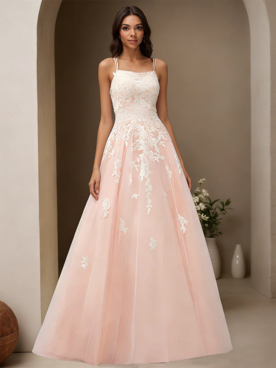 Cicinia Rose Perlé Robe de Soirée Longue en Tulle A-Line Bretelles Spaghetti Style Féerique avec Appliqués Dentelle