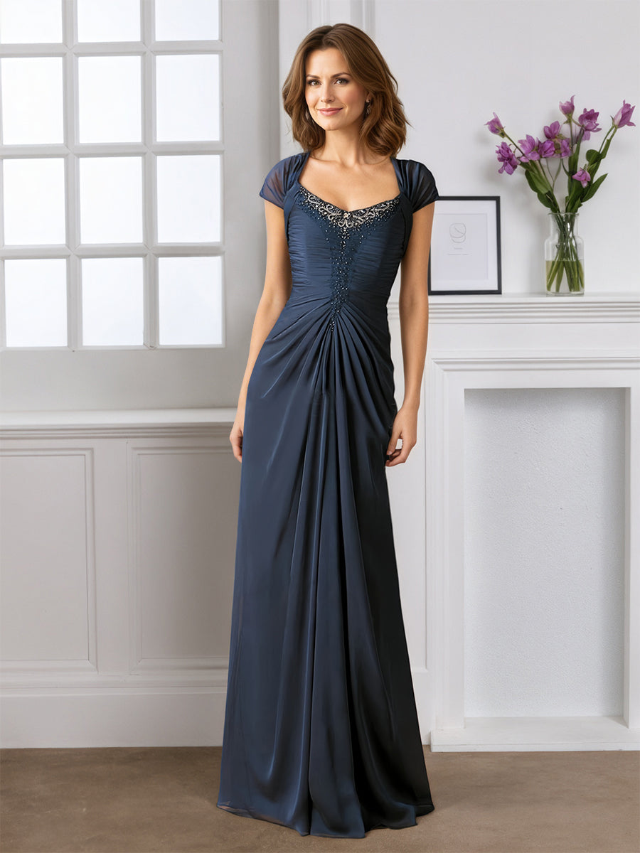 Cicinia Bleu Marine Foncé Robe pour Mère de la Mariée Longue Fourreau en Mousseline Perlé Manches Capelines Longueur Sol