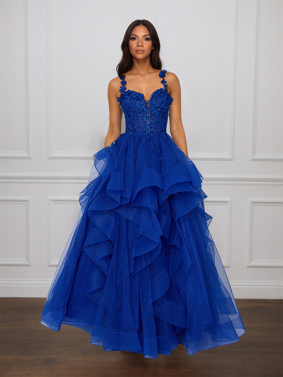 Cicinia Bleu Royal Robe de Soirée Longue en Tulle Appliqués Dentelle A-Line Longueur Sol à Volants