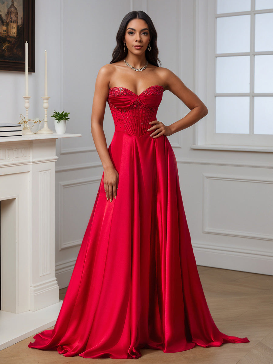 Cicinia Robe de Soirée Rouge Longue A-Line Perlé Épaules Dénudées Traîne Balayée Ravissante