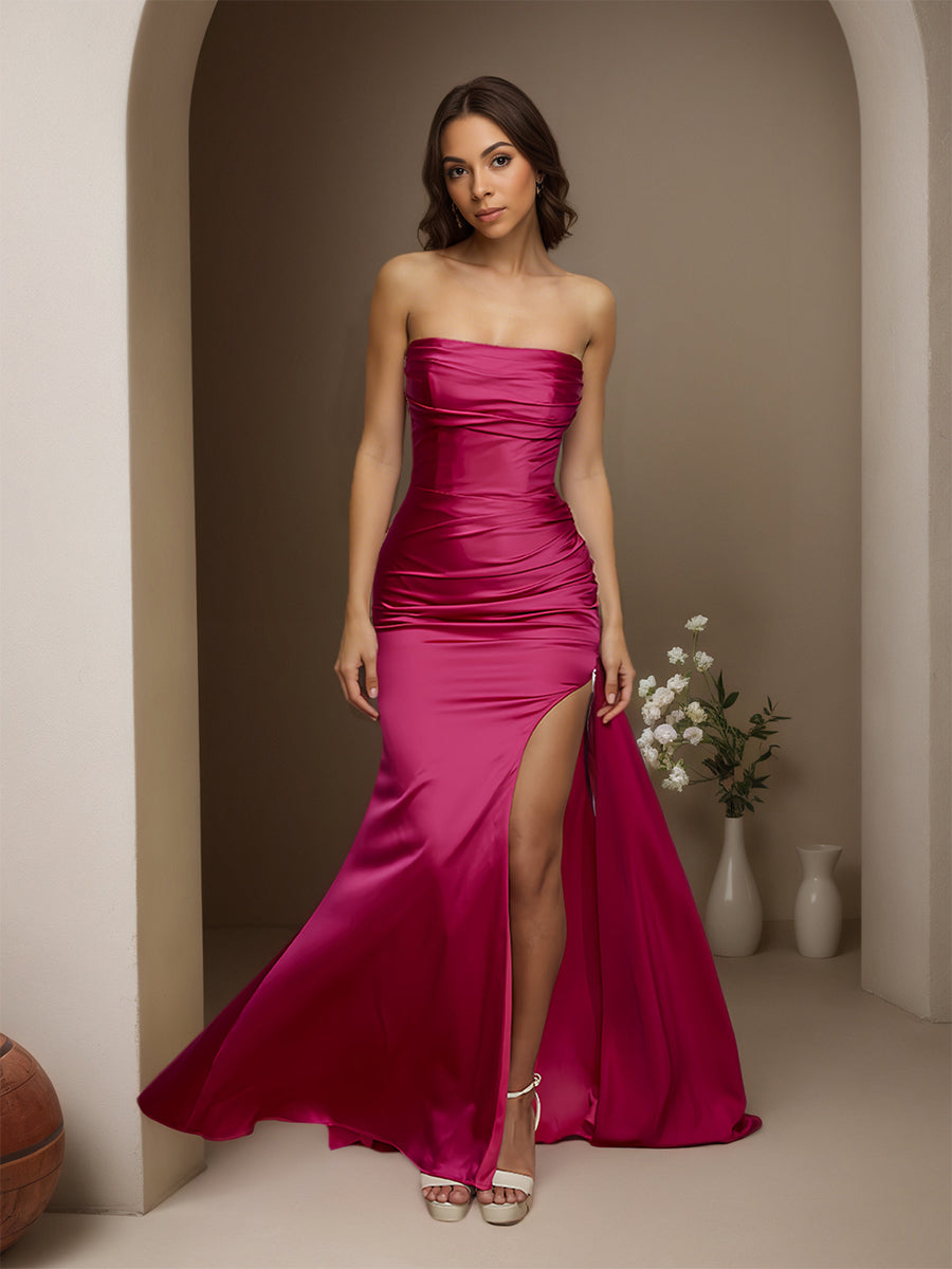 Cicinia FUCHSIA Robe de Soirée Longue en Satin Doux Fourreau Traîne Balayée sans Bretelles Charmante