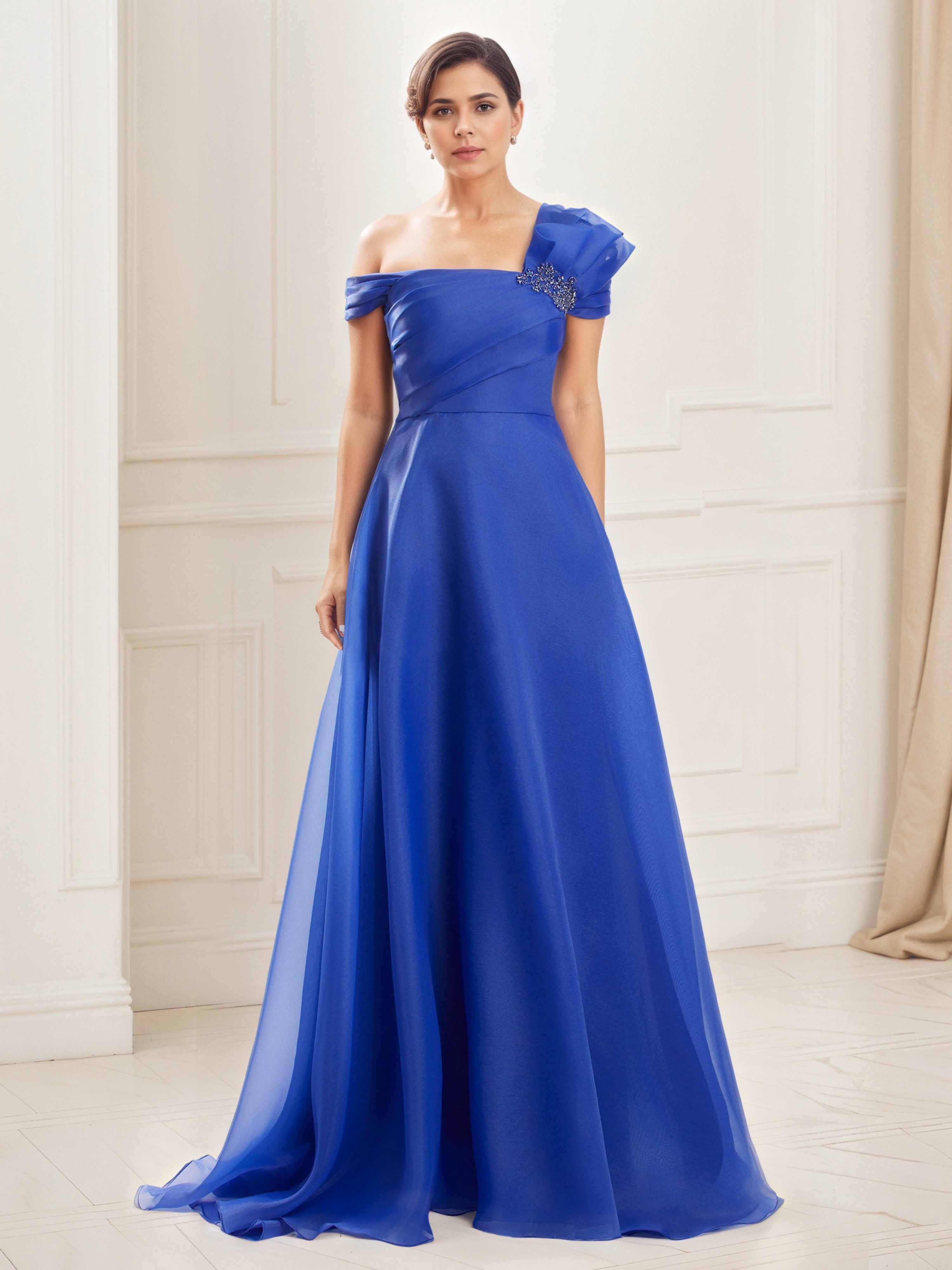 Robe de Bal BLEU_ROYALE A-Line à Une Épaule avec Bustier Plissé et Broderies