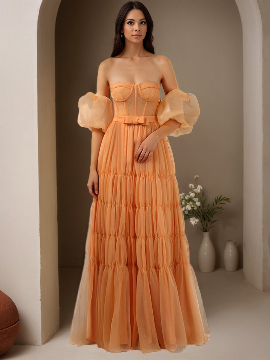 Cicinia Orange Robe de Soirée Longue en Tulle A-Line Décolleté Cœur Longueur Sol