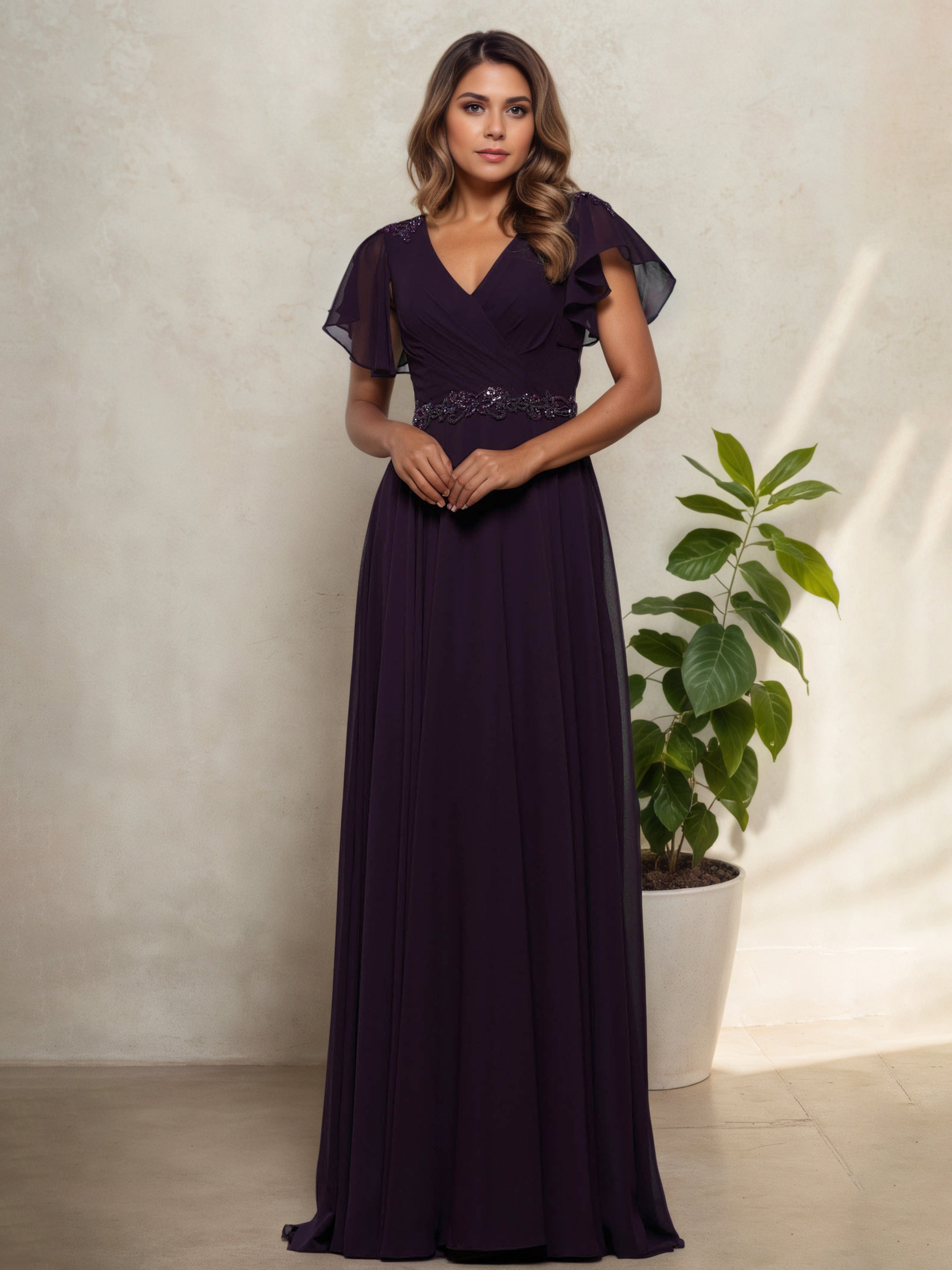 Robe Mère de la Mariée Aubergine à Décolleté en V Manches Courtes Brodées de Perles