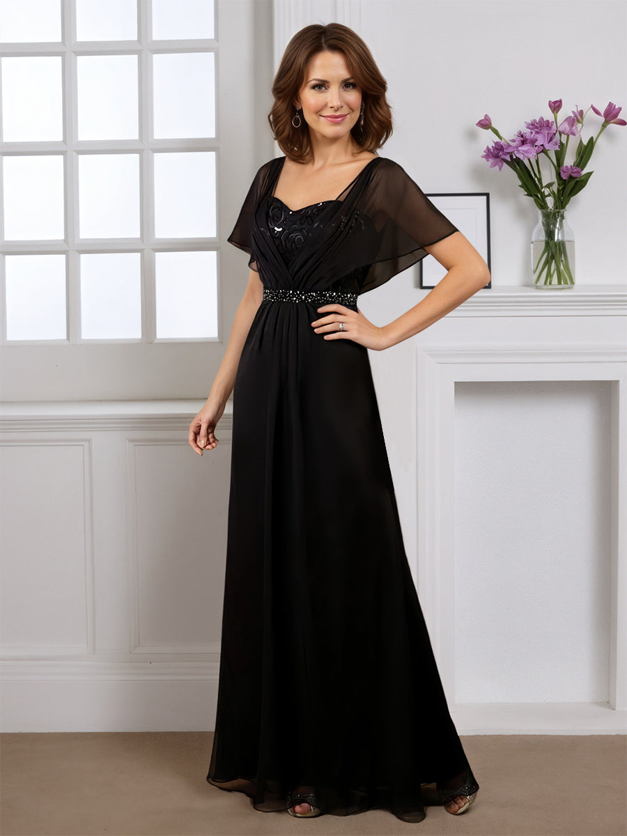 Cicinia Noir Robe pour Mère de la Mariée Longue Fourreau en Mousseline Dentelle Perlé Longueur Sol