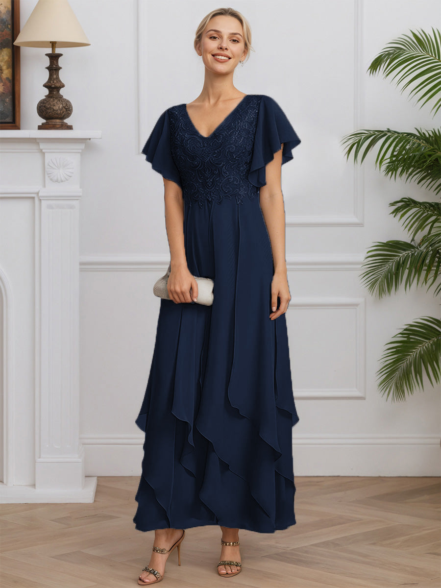 Cicinia Bleu Marine Foncé Robe pour Mère de la Mariée Longue en Mousseline A-Line Décolleté en V Manches Papillons