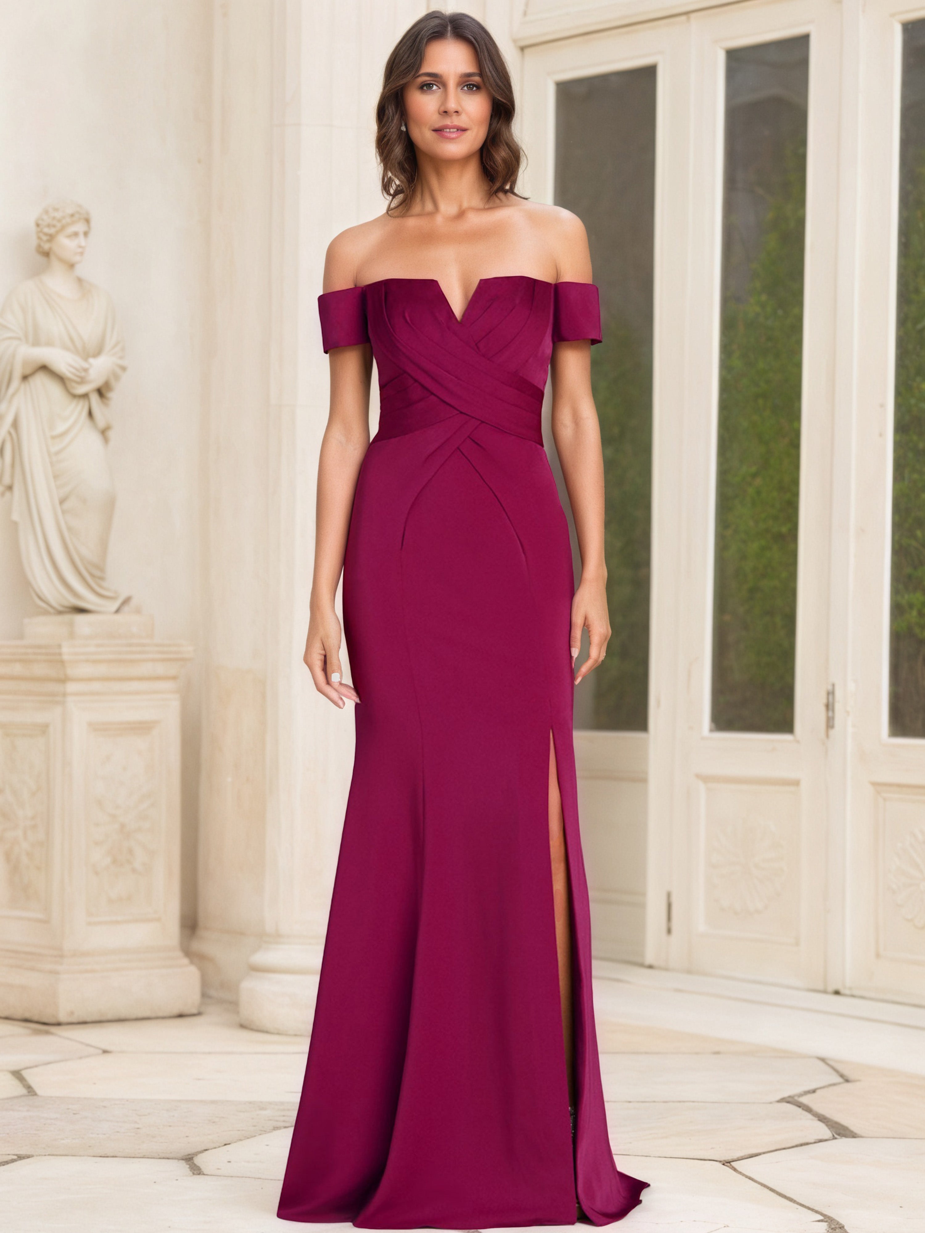 Robe Mère de la Mariée ROSE_CANNELLE Fourreau/Colonne à Encolure en V avec Épaules Dénudées et Fente
