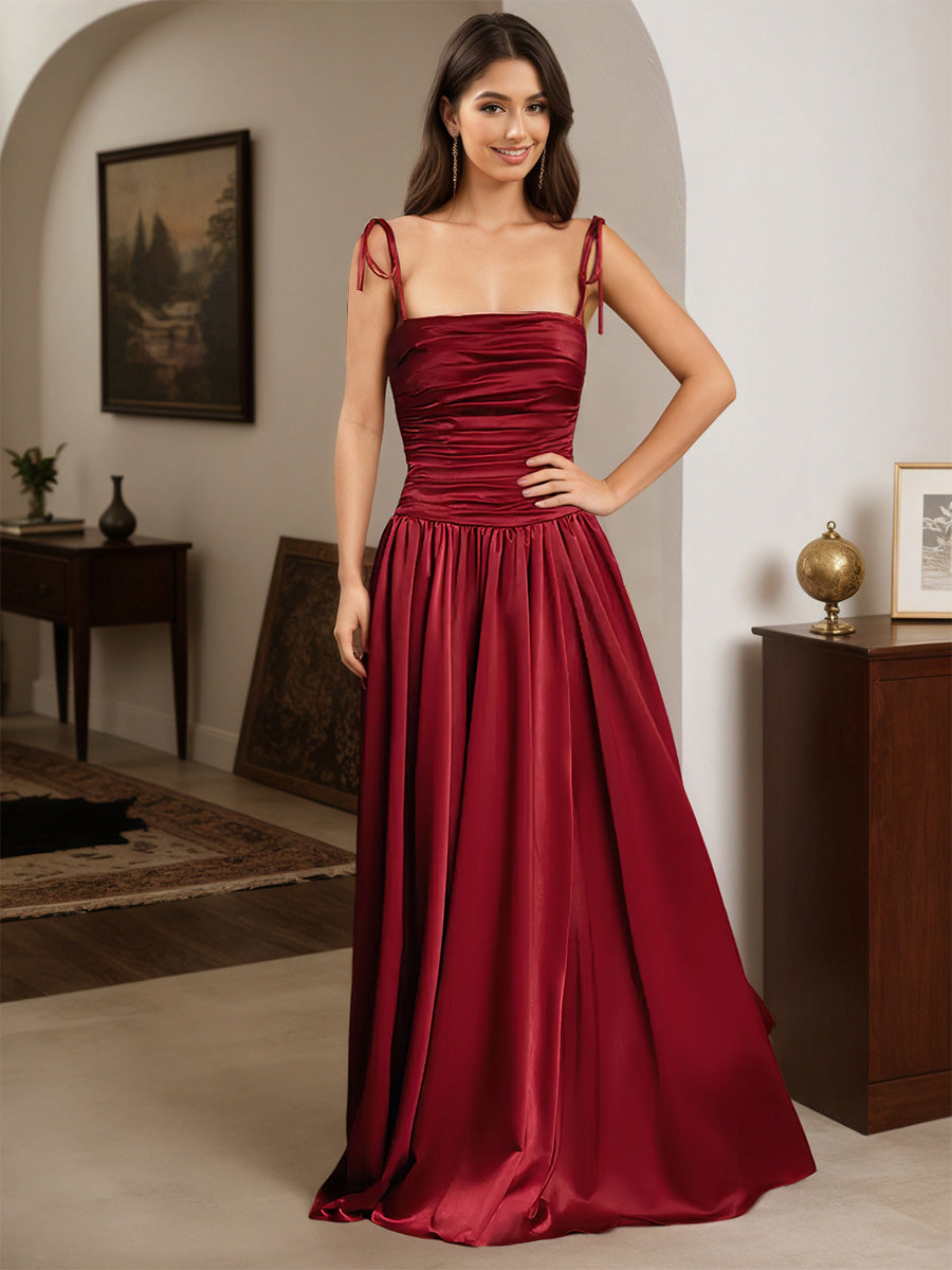 Cicinia Robe de Soirée BORDEAUX Longue A-Line en Satin à Bretelles Spaghetti Longueur Sol