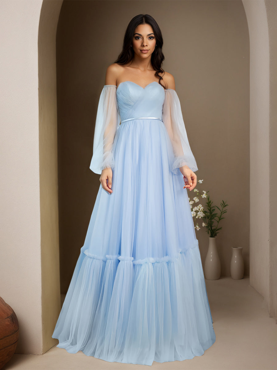 Cicinia Bleu Ciel Robe de Soirée à Manches Longue en Tulle A-Line Décolleté Cœur Longueur Sol