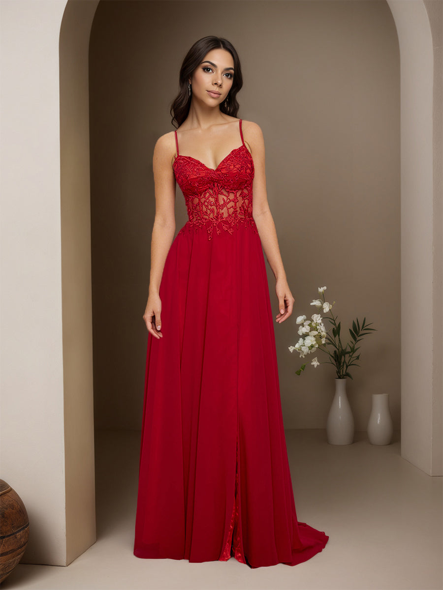 Cicinia Rouge Robe de Soirée Longue en Mousseline Appliqués Dentelle A-Line Traîne Balayée