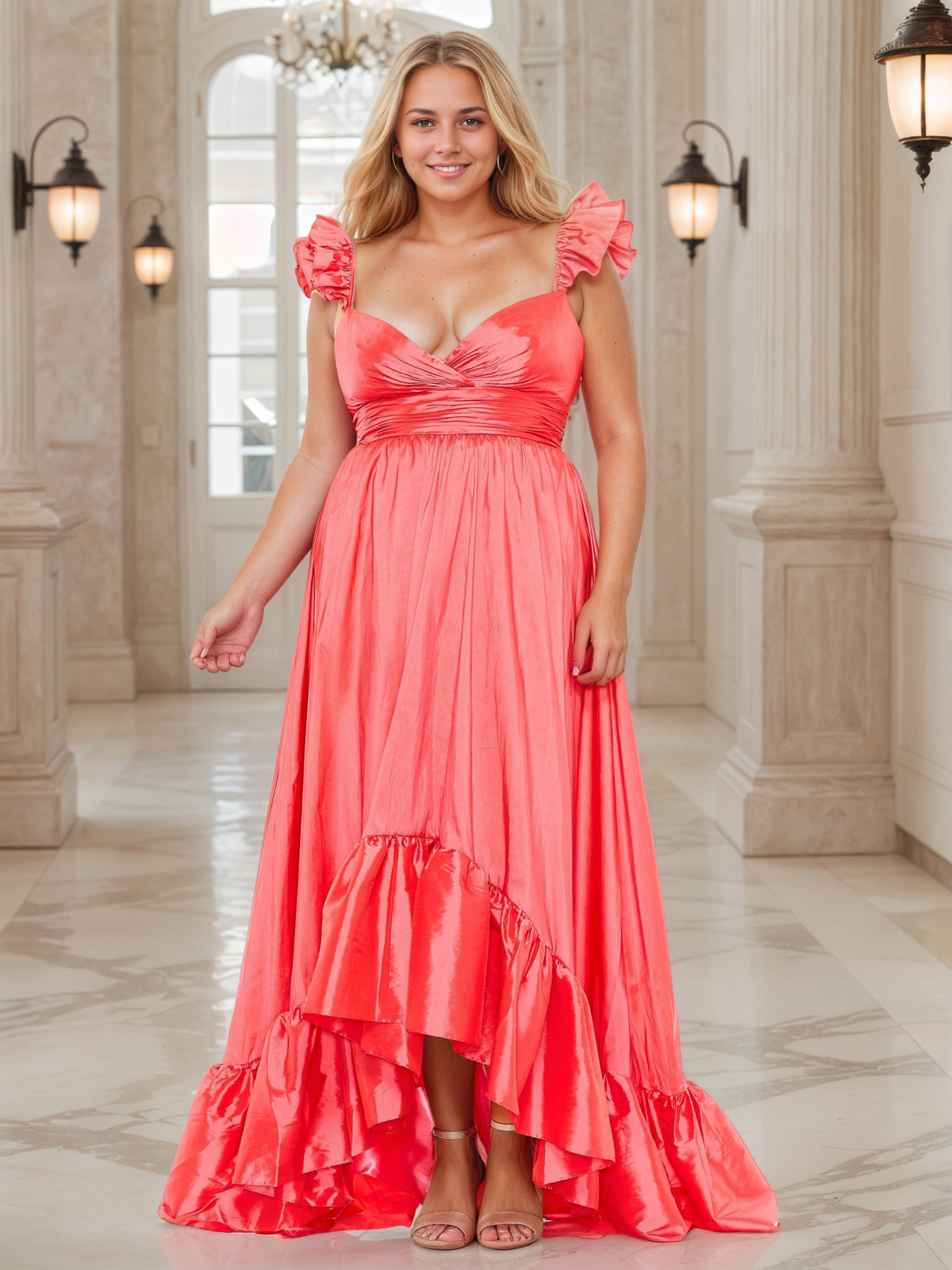 Robe de Bal Pastèque à Manches Ballon Grande Taille Coupe A-Line Asymétrique avec Nœud Papillon