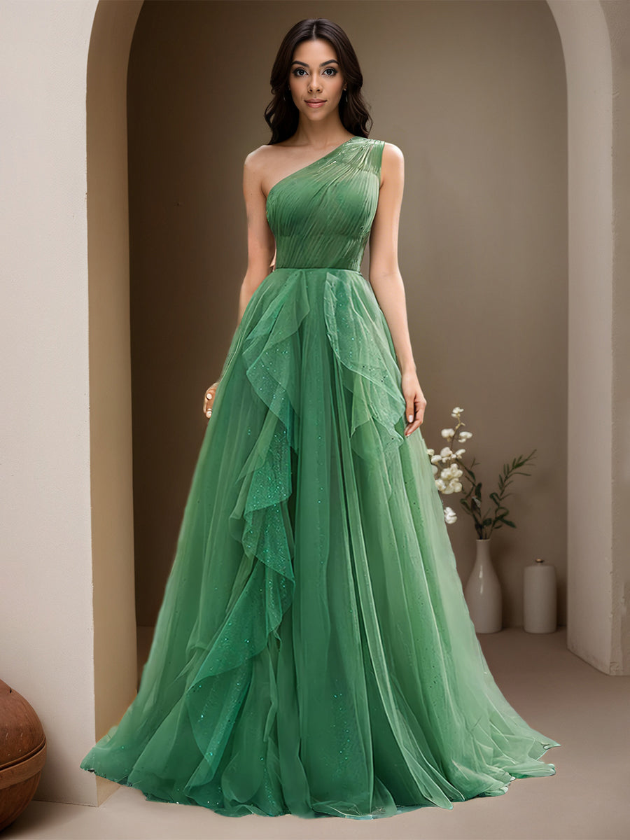 Cicinia Vert Robe de Soirée Longue en Tulle A-Line Seule Épaule Traîne Balayée avec Fente