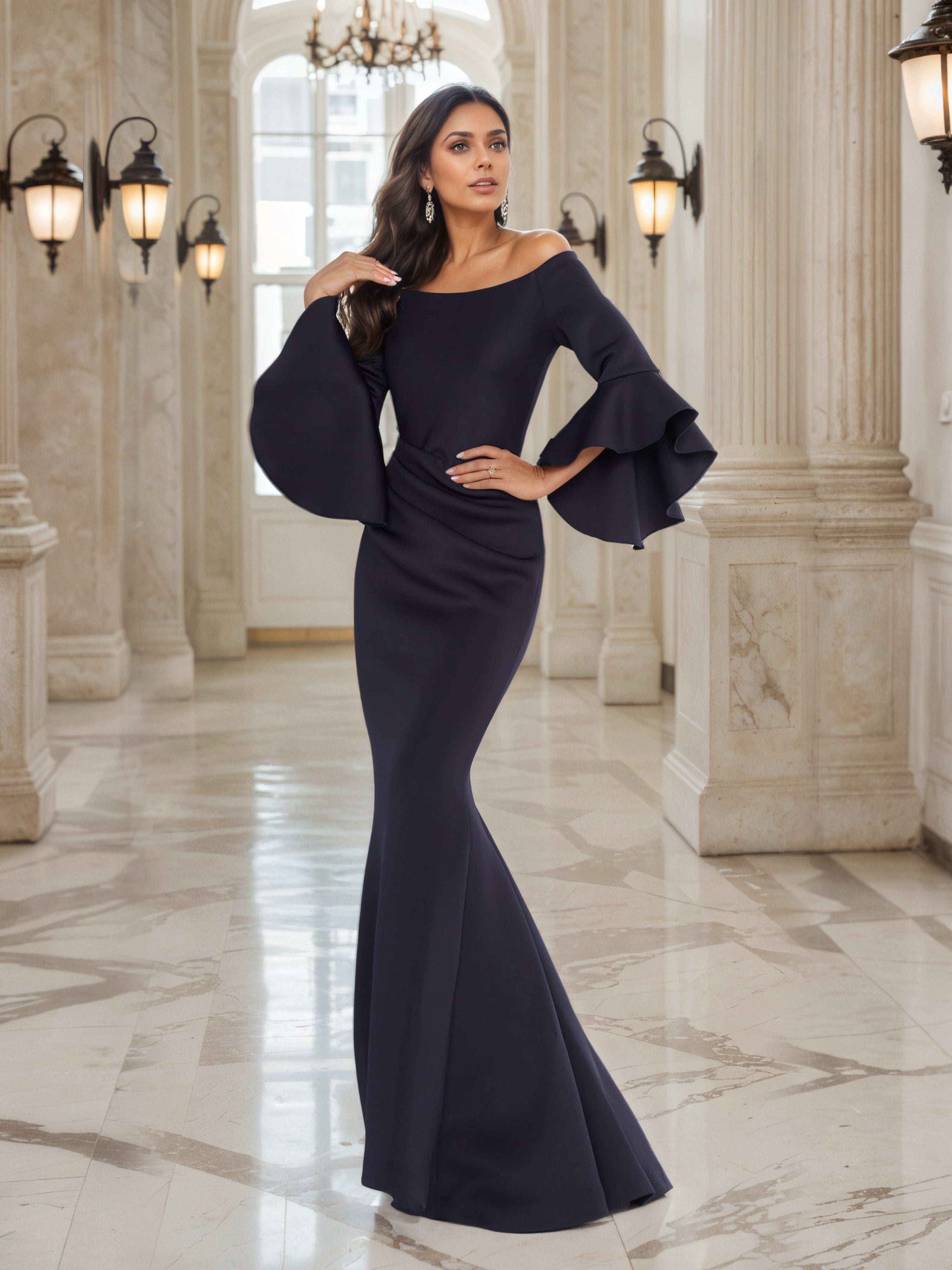 Robe de Soirée BLEU_MARINE Epaules Dénudées Robe Trompette/Sirène Avec Manches cloche