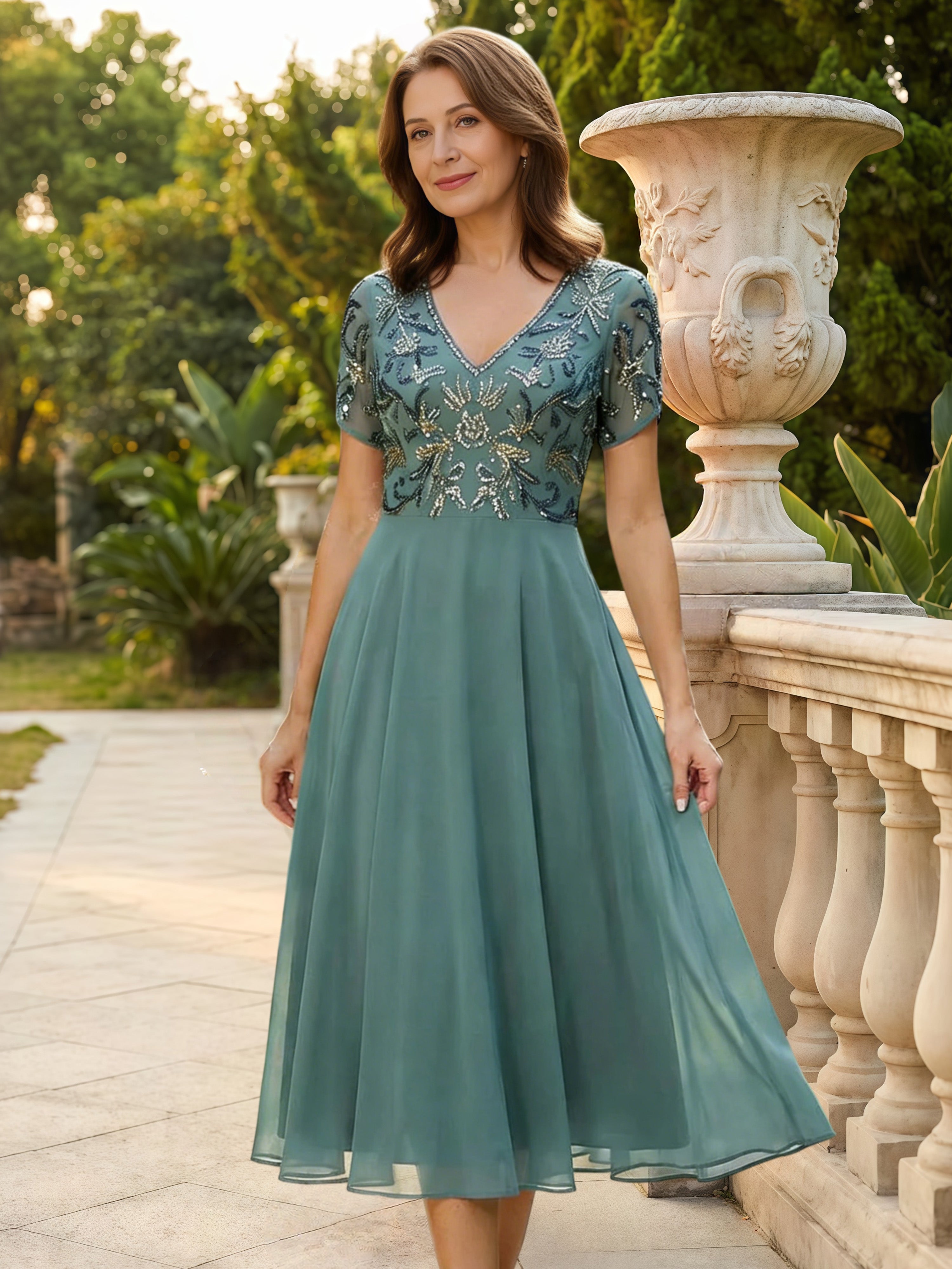 Cicinia Sarcelle Robe pour Mère de la Mariée Longue A-Line en Mousseline Dentelle Manches Courtes Décolleté en V Longueur Midi