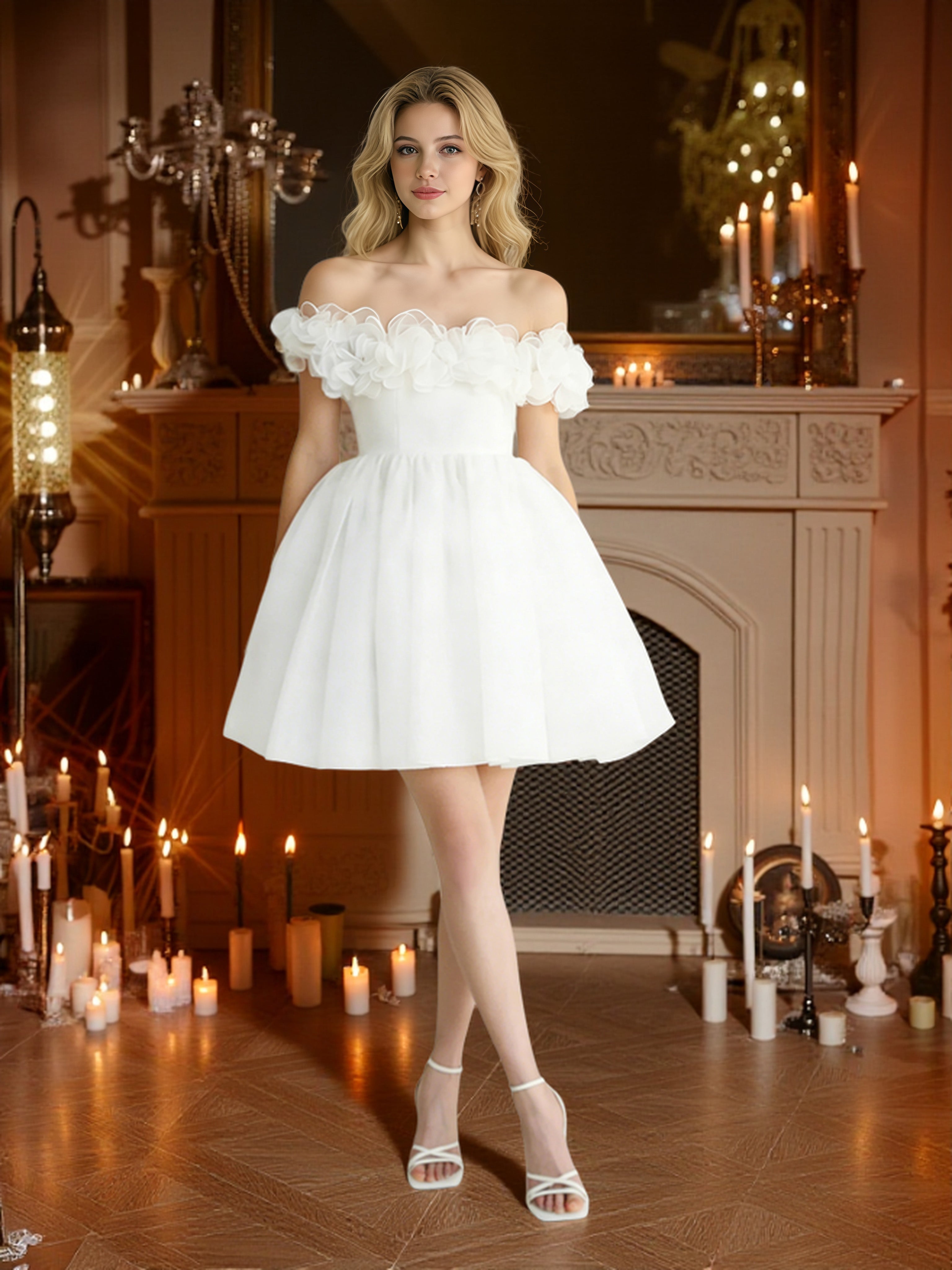 Cicinia Blanc Robes de Bal de Promo Courte A-Line en Tulle Épaules Dénudées avec Fleurs 3D