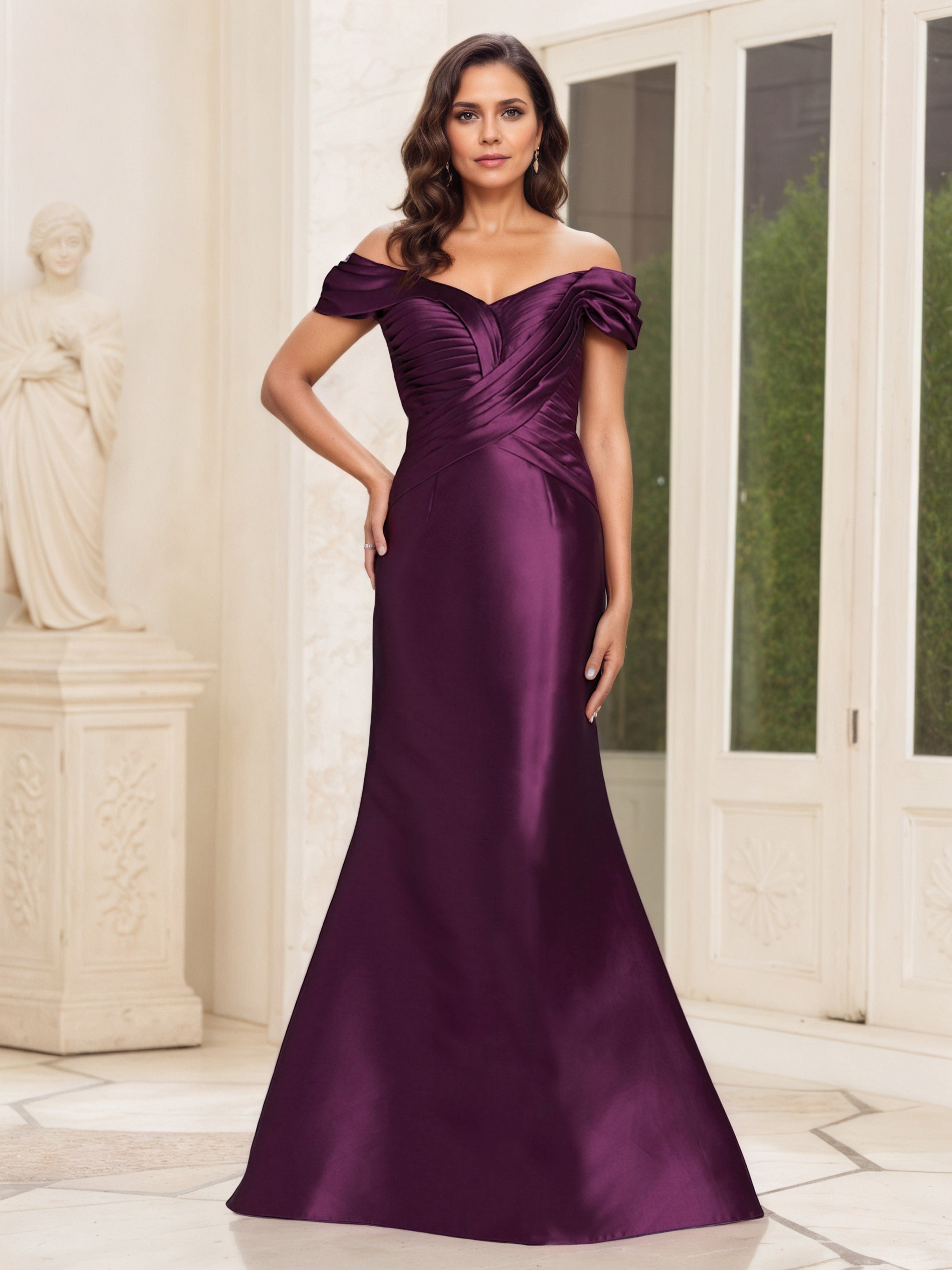 Robe Mère de la Mariée Raisin Longue Trompette/Sirène à Épaules Dénudées avec Plissés