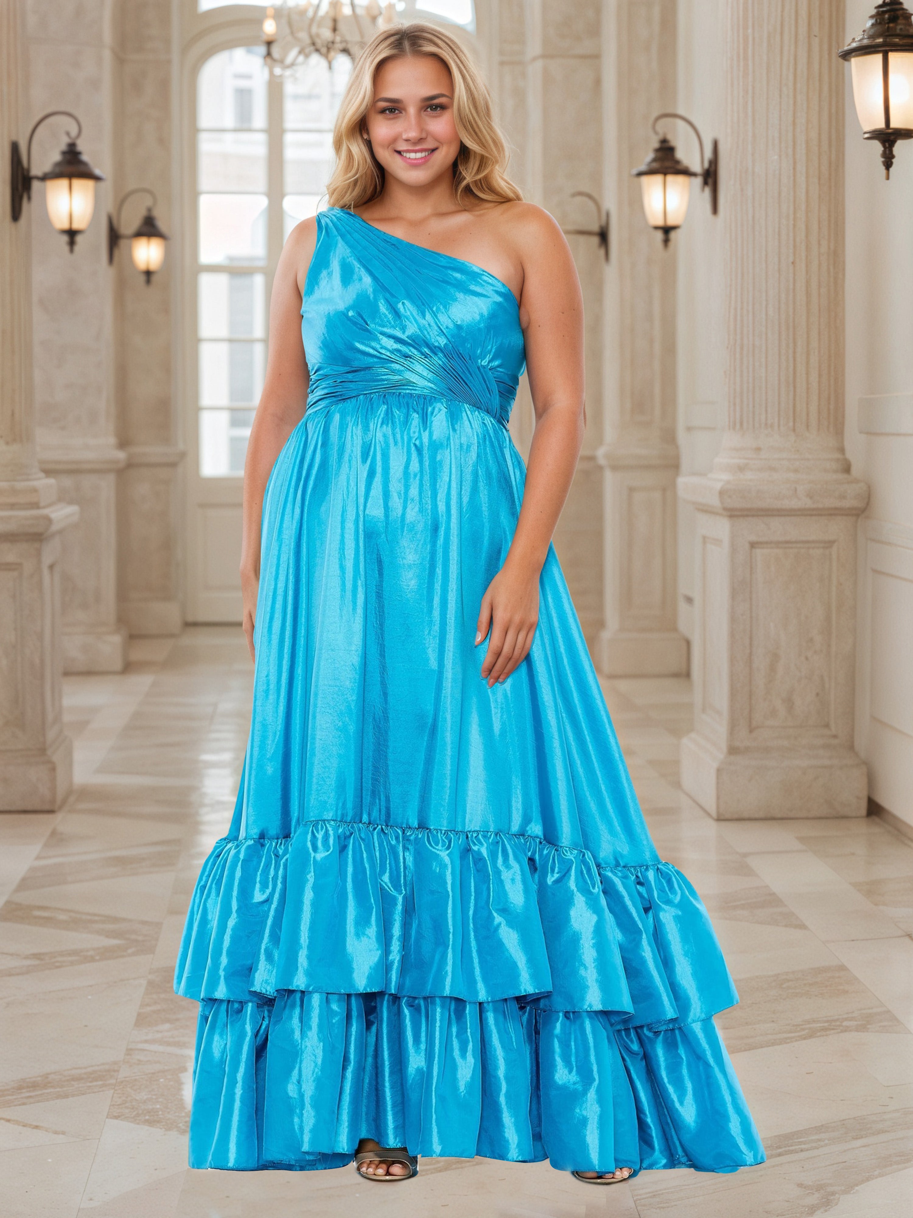 Robe de Bal Bleu Océan à Une Épaule Grande Taille Coupe A-Line Sans Manches à Superpositions