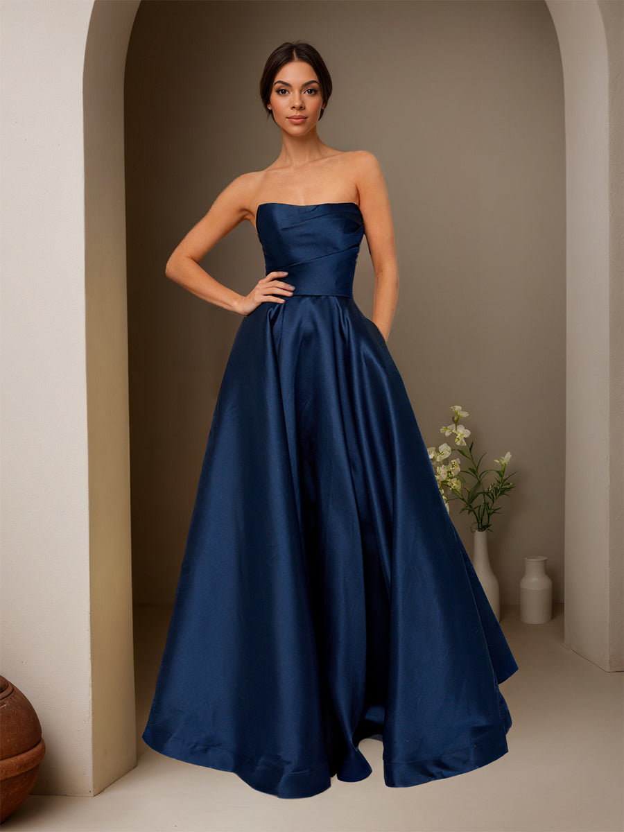 Cicinia Bleu Marine Robe de Soirée Longue en Satin A-Line Longueur Sol sans Bretelles Chic