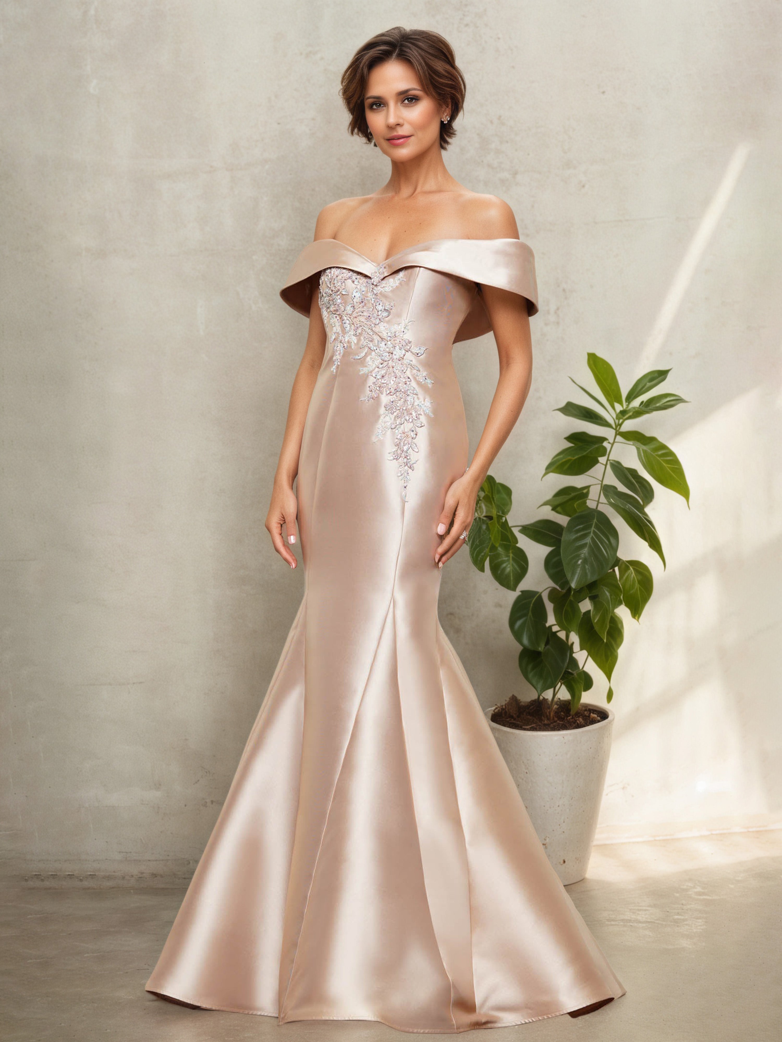 Robe de Cérémonie Champagne pour Mère de la Mariée Style Épaules Dénudées et Silhouette Sirène/Trumpet