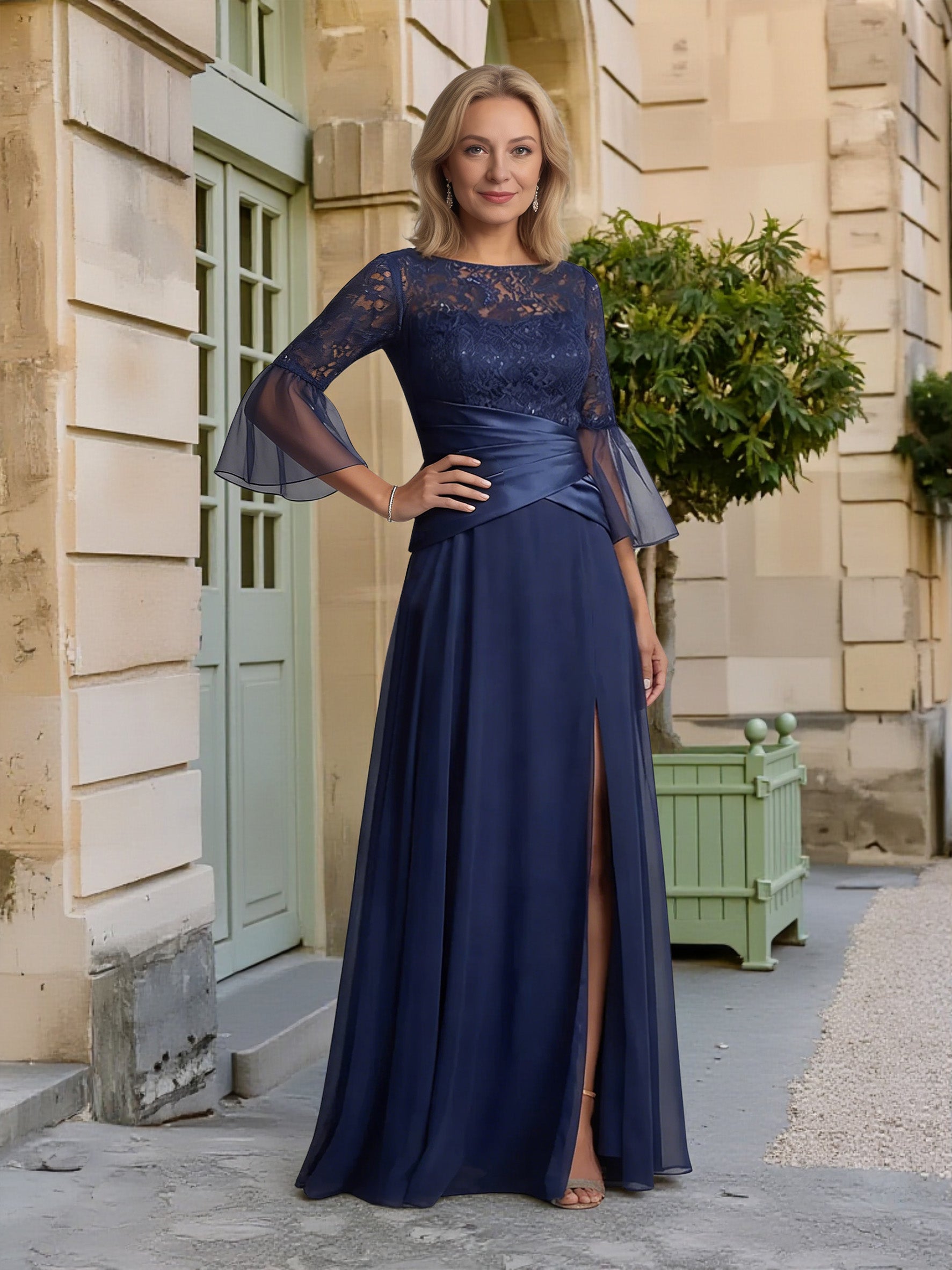 Cicinia Bleu Marine Foncé Robe pour Mère de la Mariée Longue A-Line en Mousseline Dentelle Fente Longueur Sol