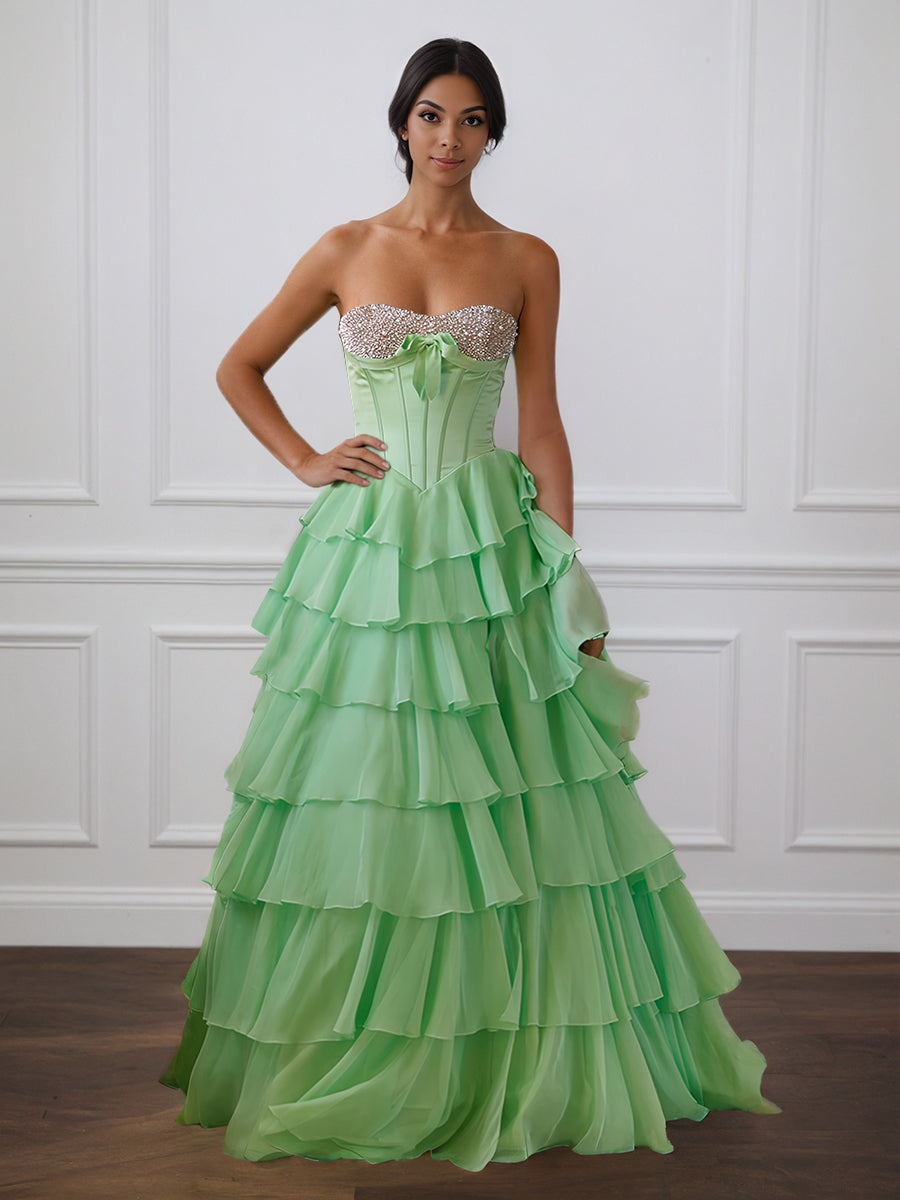 Cicinia Vert Menthe Robe de Soirée Longue en Mousseline Perlé A-Line Décolleté Cœur à Volants