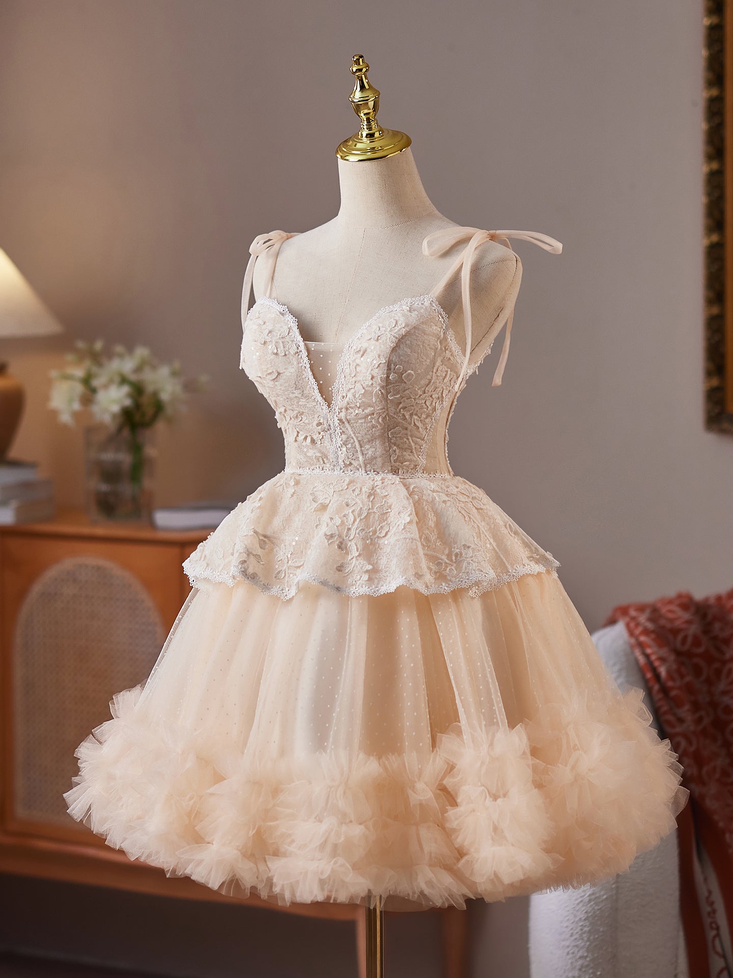Robe de Homecoming Champagne Encolure V à Bretelles Fines Style A-Line Charmante