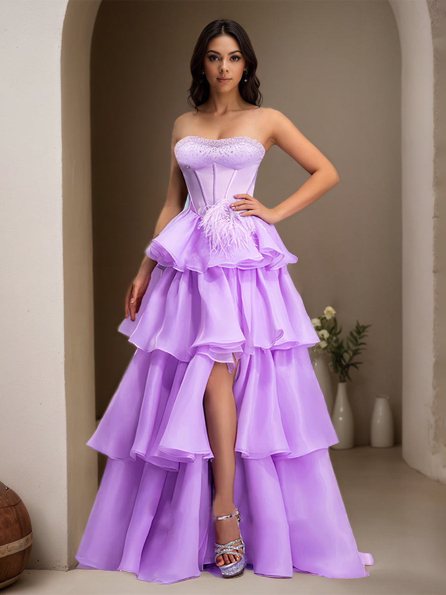 Cicinia Lilas Robe de Soirée Longue A-Line à Volants sans Bretelles Perlé Décolleté Cœur Longueur Sol